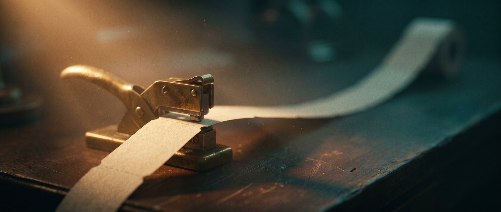 A brass ticket punch clamped over a long unspooling strip of blank tickets on a dark workbench, clipping one identical blank after another, lit warm amber against deep teal shadow.