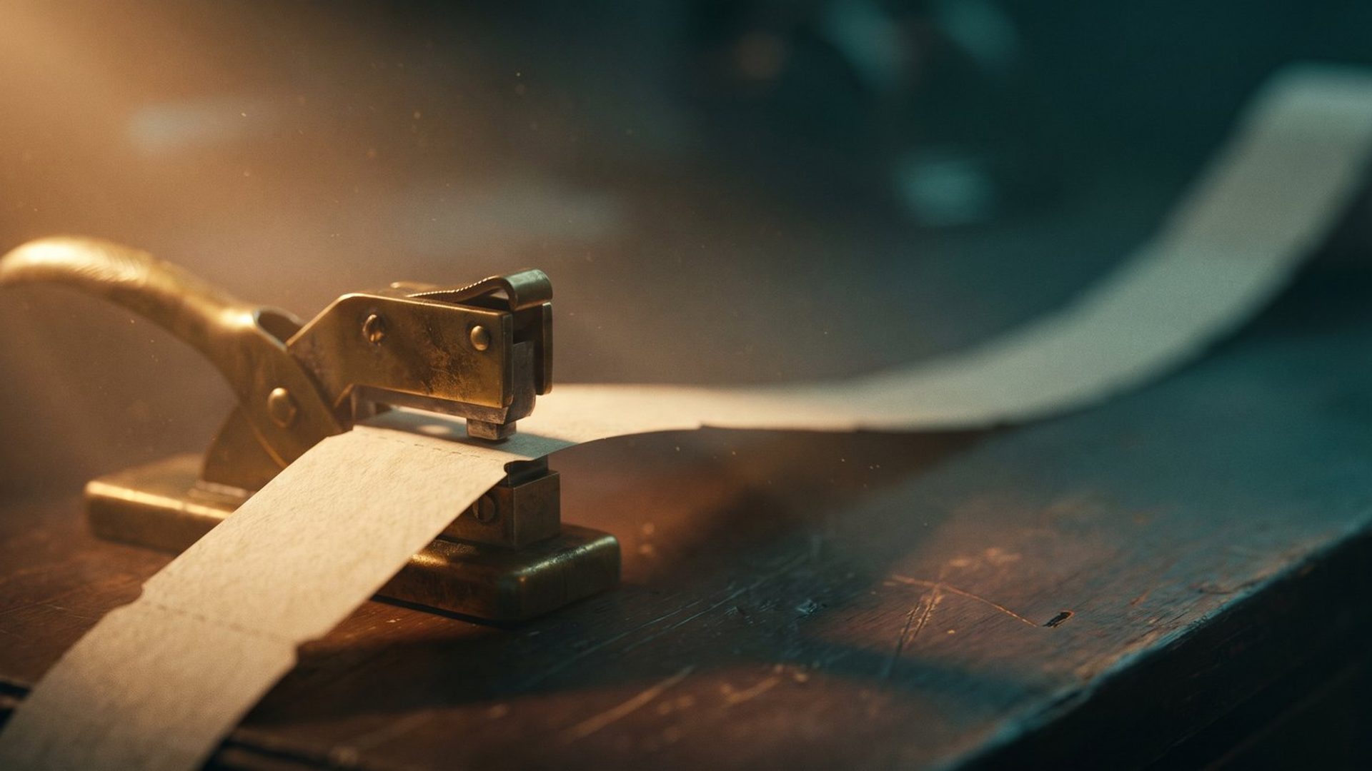 A brass ticket punch clamped over a long unspooling strip of blank tickets on a dark workbench, clipping one identical blank after another, lit warm amber against deep teal shadow.
