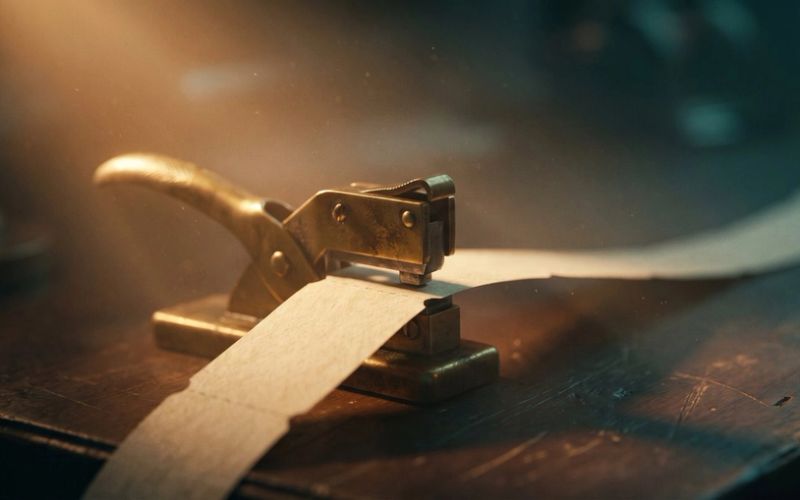 A brass ticket punch clamped over a long unspooling strip of blank tickets on a dark workbench, clipping one identical blank after another, lit warm amber against deep teal shadow.
