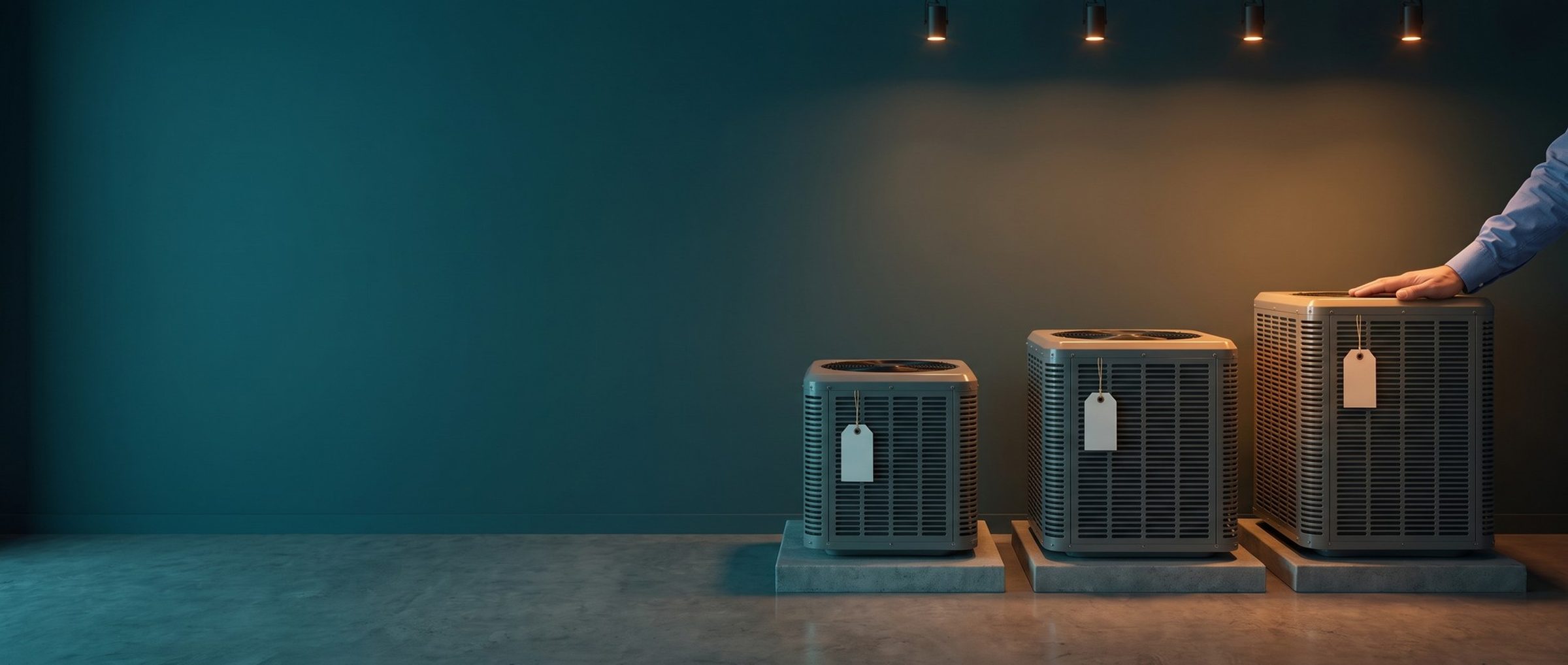 Three new outdoor air conditioner units on display platforms in a dim showroom, each with a blank tag, a homeowner's hand resting on the largest one under warm light
