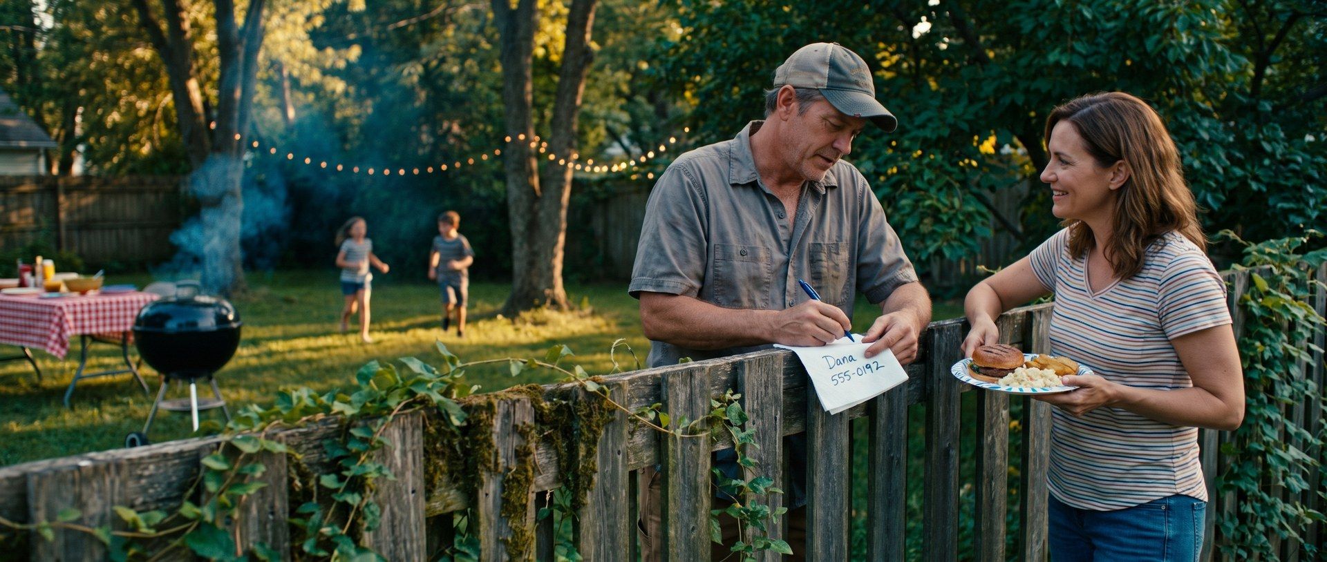 At a backyard cookout, a man in a ball cap leans on a weathered wooden fence writing an agent's name, Dana, and a phone number on a paper napkin for his smiling neighbor, who holds a plate with a burger; a grill, a checkered table and two children playing are behind them