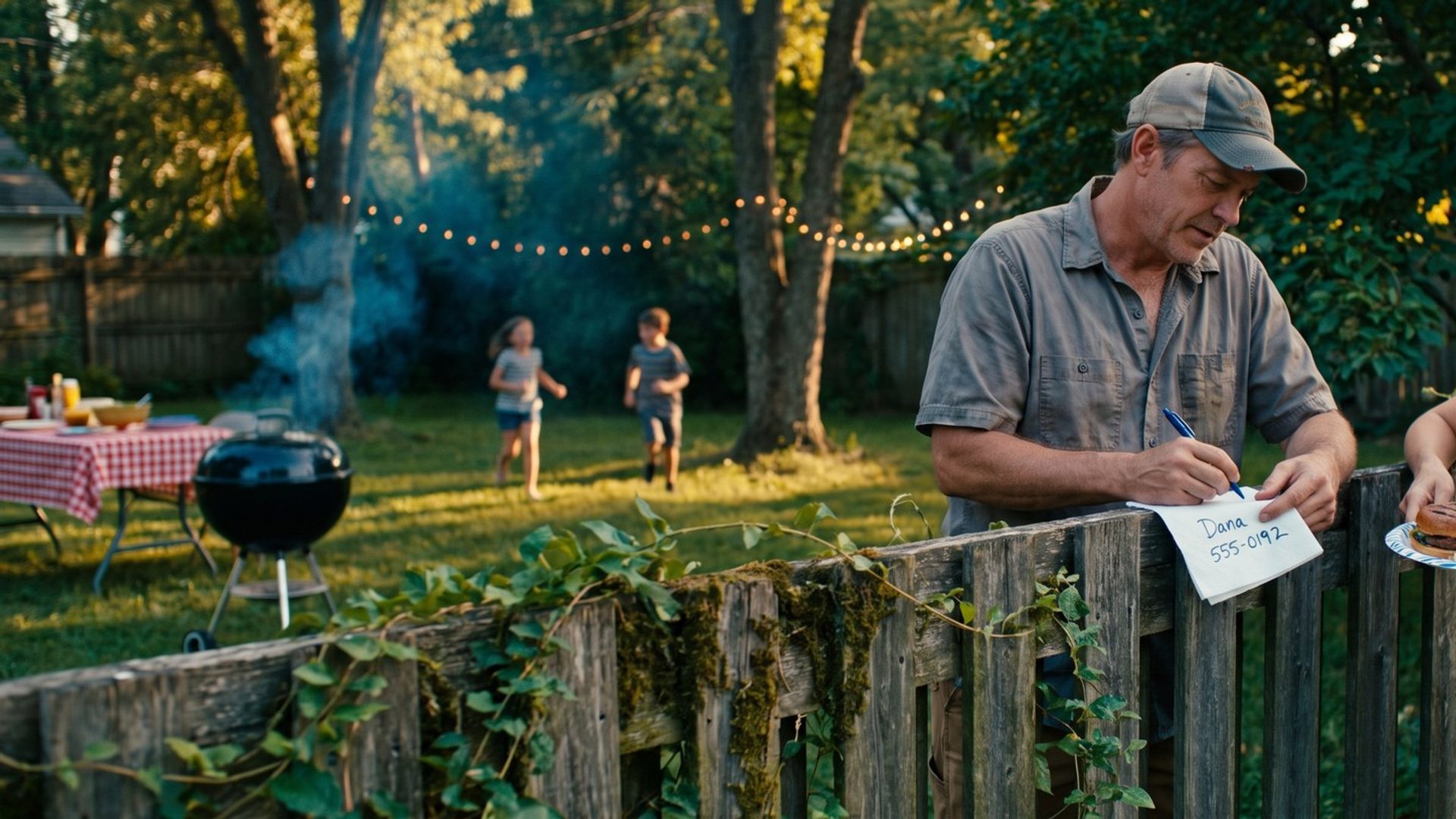 At a backyard cookout, a man in a ball cap leans on a weathered wooden fence writing an agent's name, Dana, and a phone number on a paper napkin for his smiling neighbor, who holds a plate with a burger; a grill, a checkered table and two children playing are behind them
