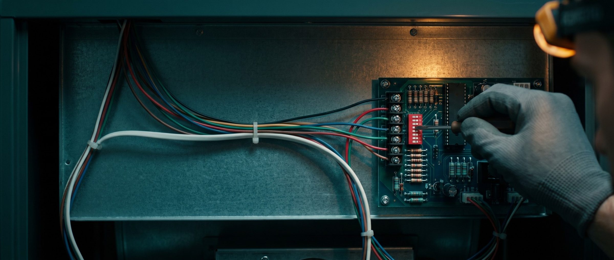 A technician's gloved hand uses a small screwdriver to flip a red DIP switch on a furnace control board inside an open cabinet, lit by a headlamp