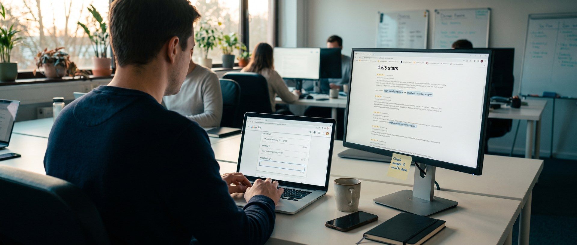 A marketer in a software startup office types Google Ads headlines on a laptop while a monitor beside it shows customer reviews with phrases highlighted
