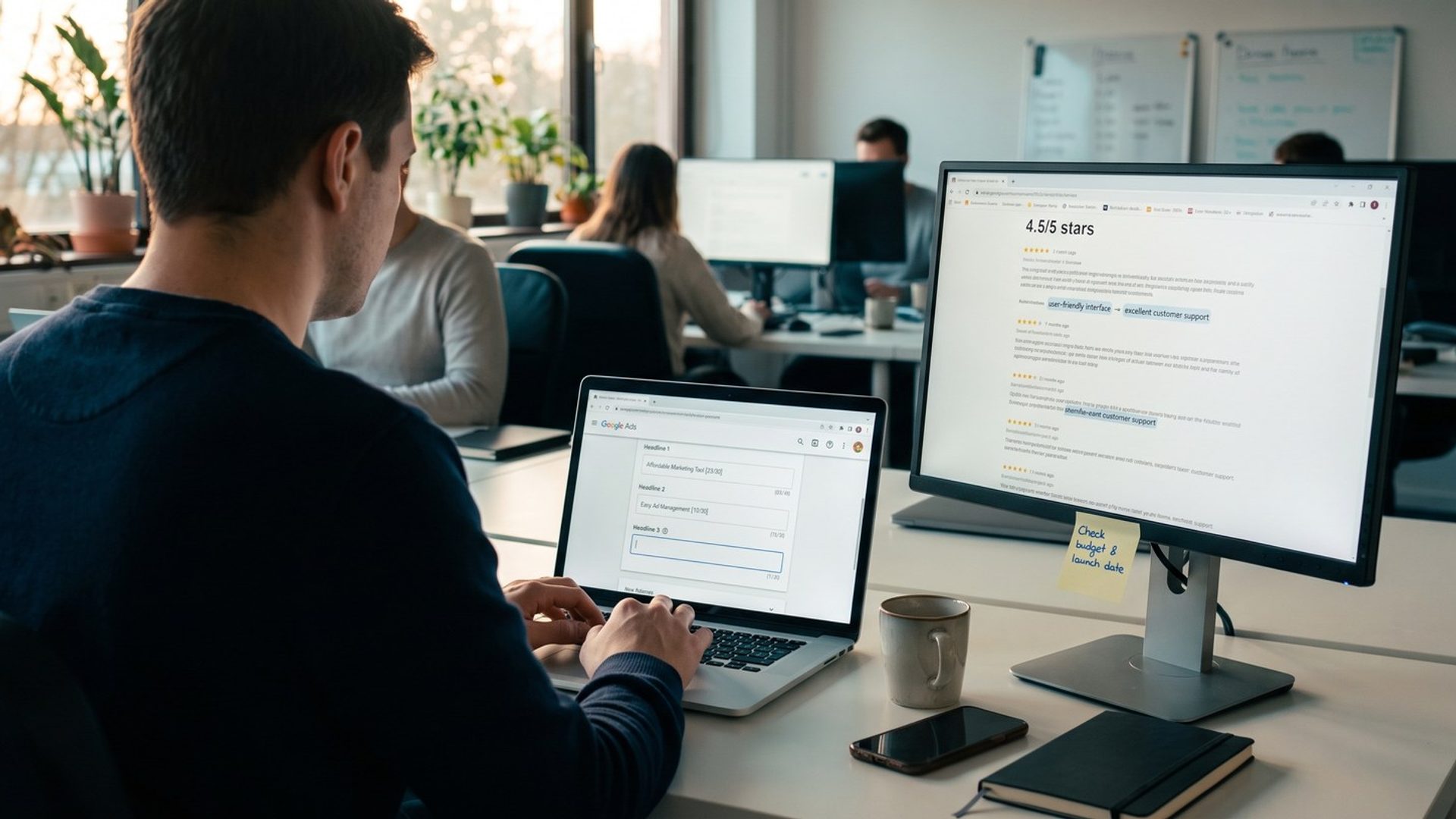 A marketer in a software startup office types Google Ads headlines on a laptop while a monitor beside it shows customer reviews with phrases highlighted