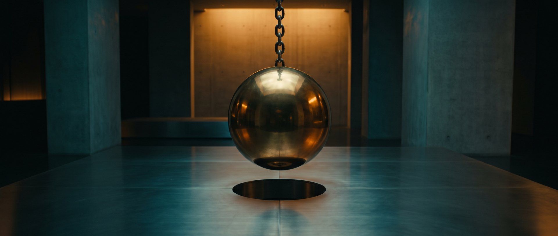 A heavy polished sphere suspended over an opening far too small for it