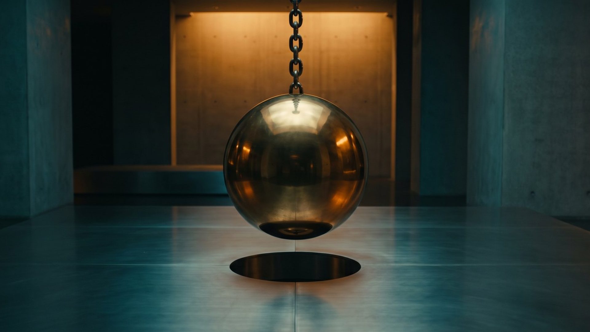 A heavy polished sphere suspended over an opening far too small for it