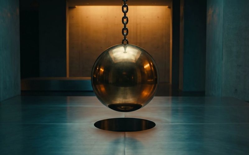 A heavy polished sphere suspended over an opening far too small for it