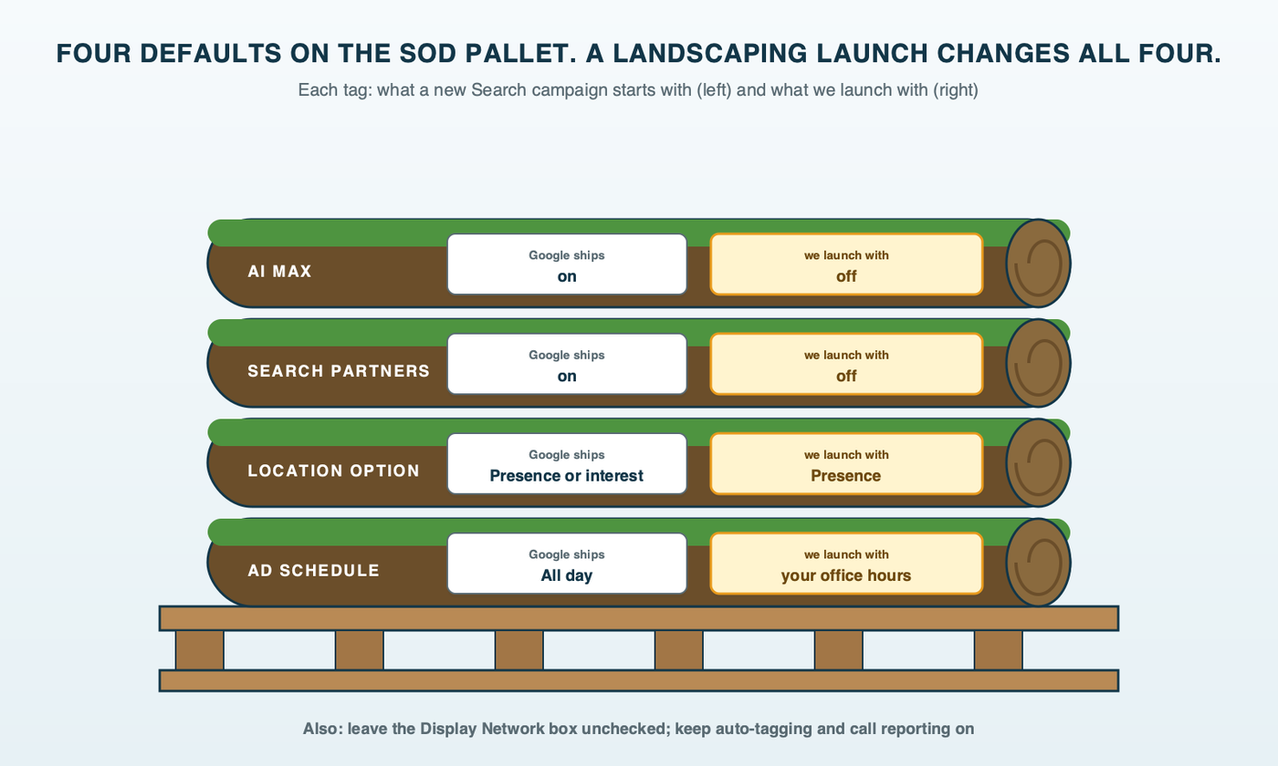 A pallet holding four rolls of sod, each roll wearing a tag; one side of each tag shows what a new Google Search campaign starts with, All day, Presence or interest, search partners on and AI Max on, and the other side shows the launch setting: office hours, Presence, search partners off and AI Max off