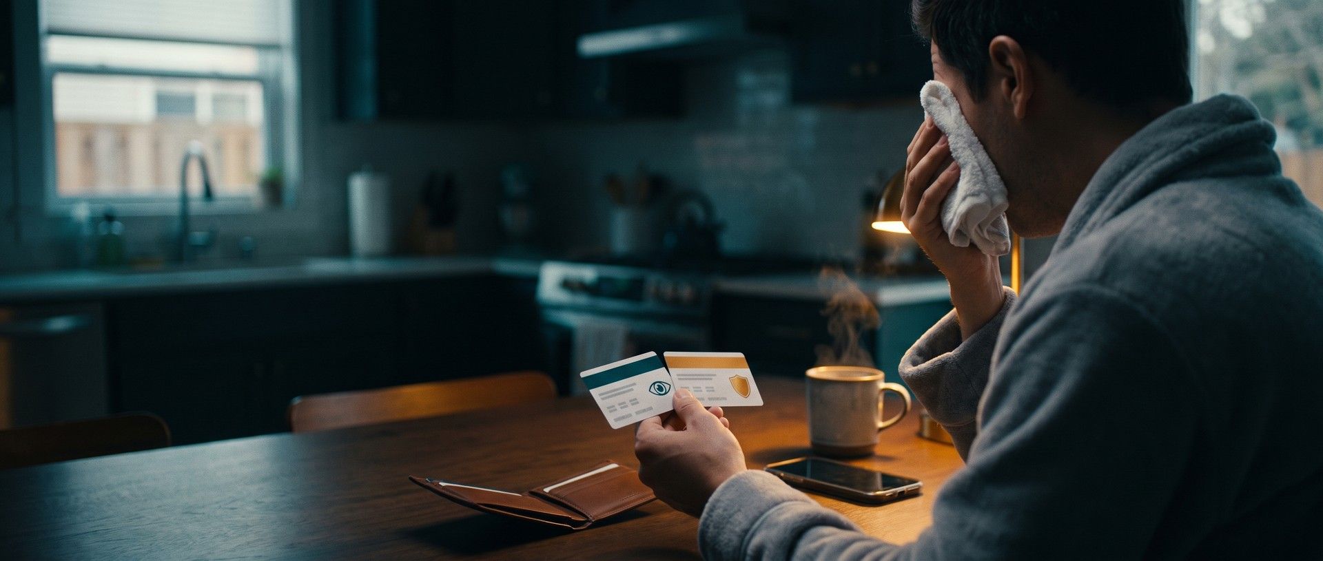 A man in a robe at his kitchen table holds a washcloth to one eye while comparing two insurance cards, one with a teal band and an eye emblem, one with an amber band and a shield