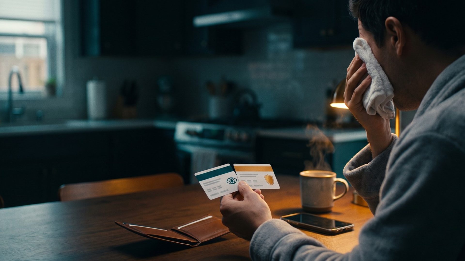 A man in a robe at his kitchen table holds a washcloth to one eye while comparing two insurance cards, one with a teal band and an eye emblem, one with an amber band and a shield
