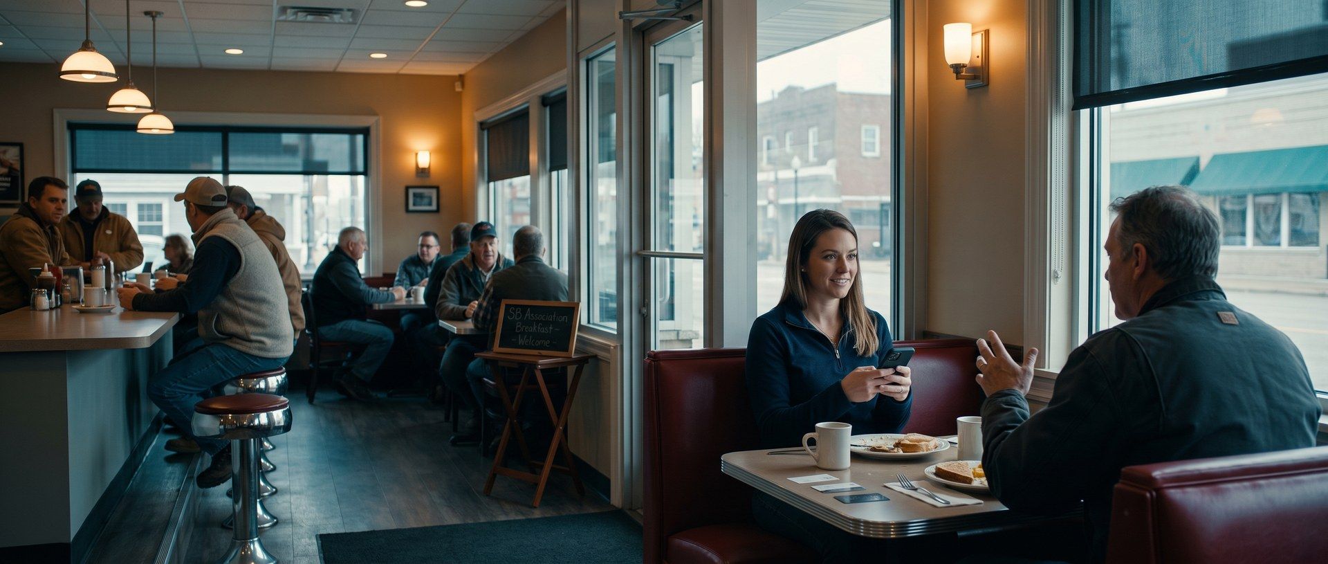 At a small-business breakfast in a diner, a man in a work jacket recommends something across a booth table while a woman listens and types on her phone, with local owners at the counter behind them