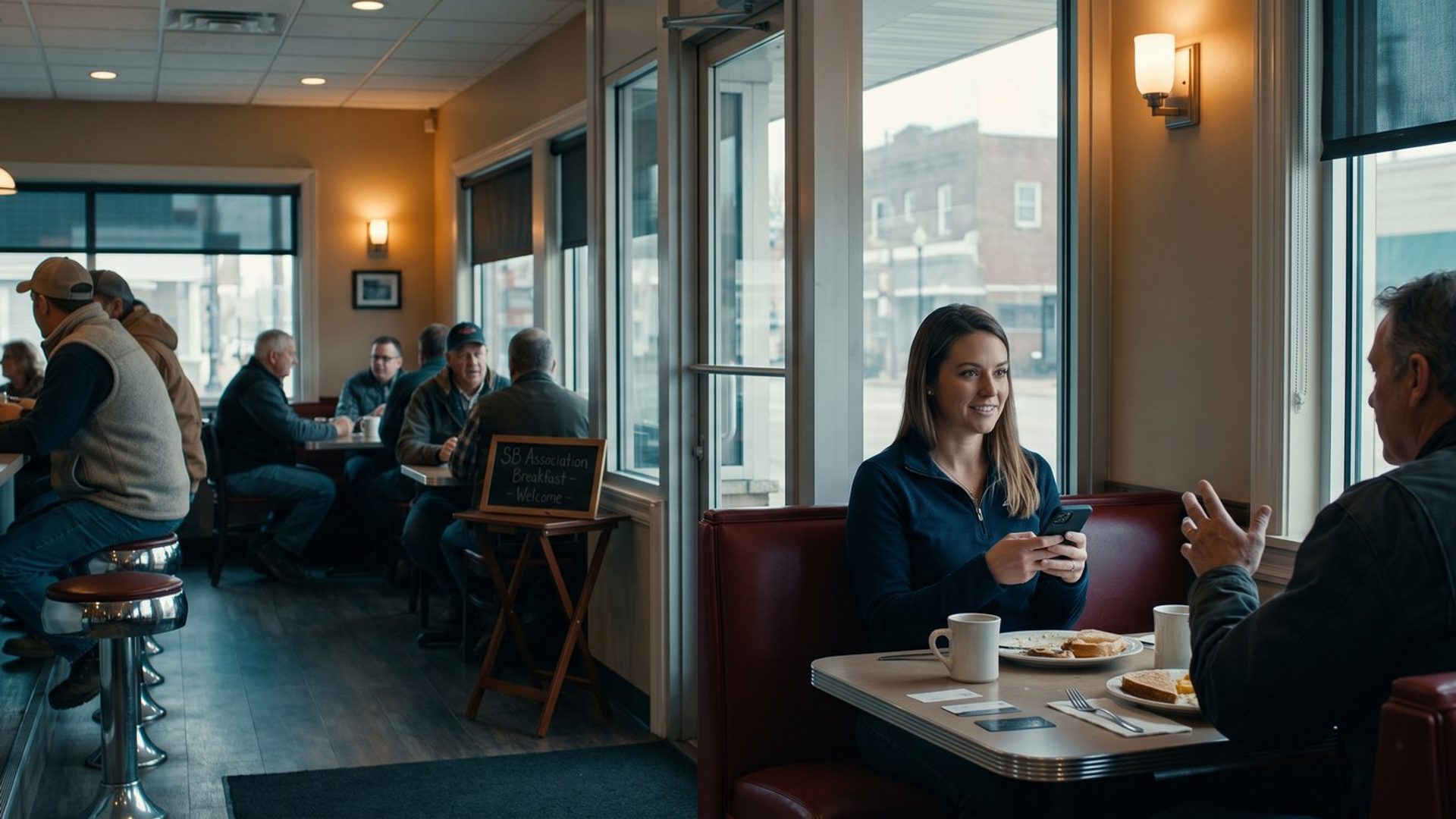 At a small-business breakfast in a diner, a man in a work jacket recommends something across a booth table while a woman listens and types on her phone, with local owners at the counter behind them
