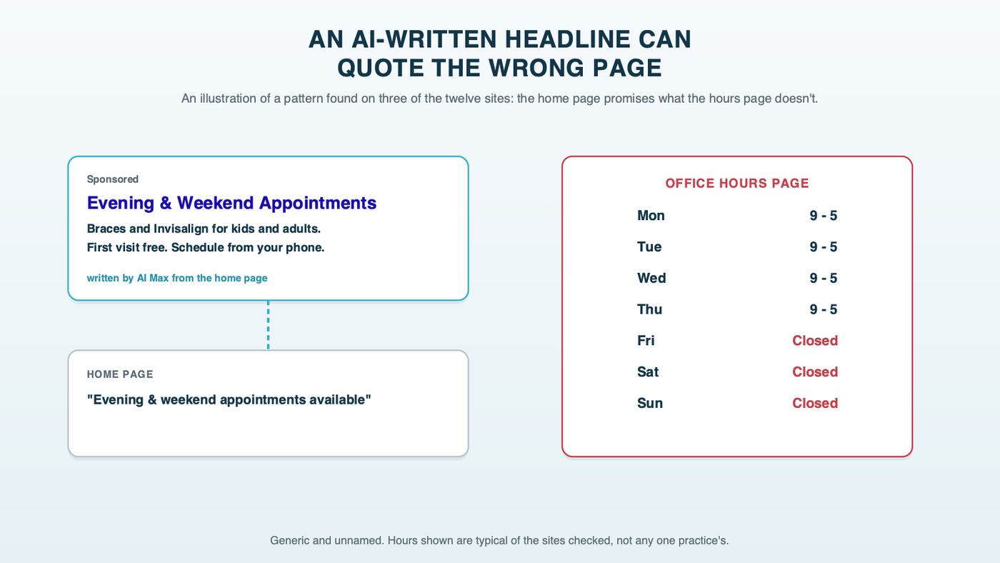 A mock search ad reading Evening and Weekend Appointments, with a line tracing the headline back to one page of a generic orthodontic website, beside the same site's hours page reading Closed Fri to Sun