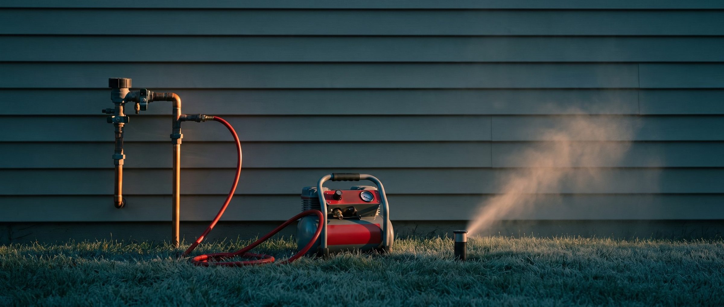 A frosty side yard at sunrise during a fall sprinkler blowout: a copper backflow assembly on the house wall, a red air hose looping across the frost to a red and gray compressor, and a sprinkler head in the lawn throwing a plume of mist