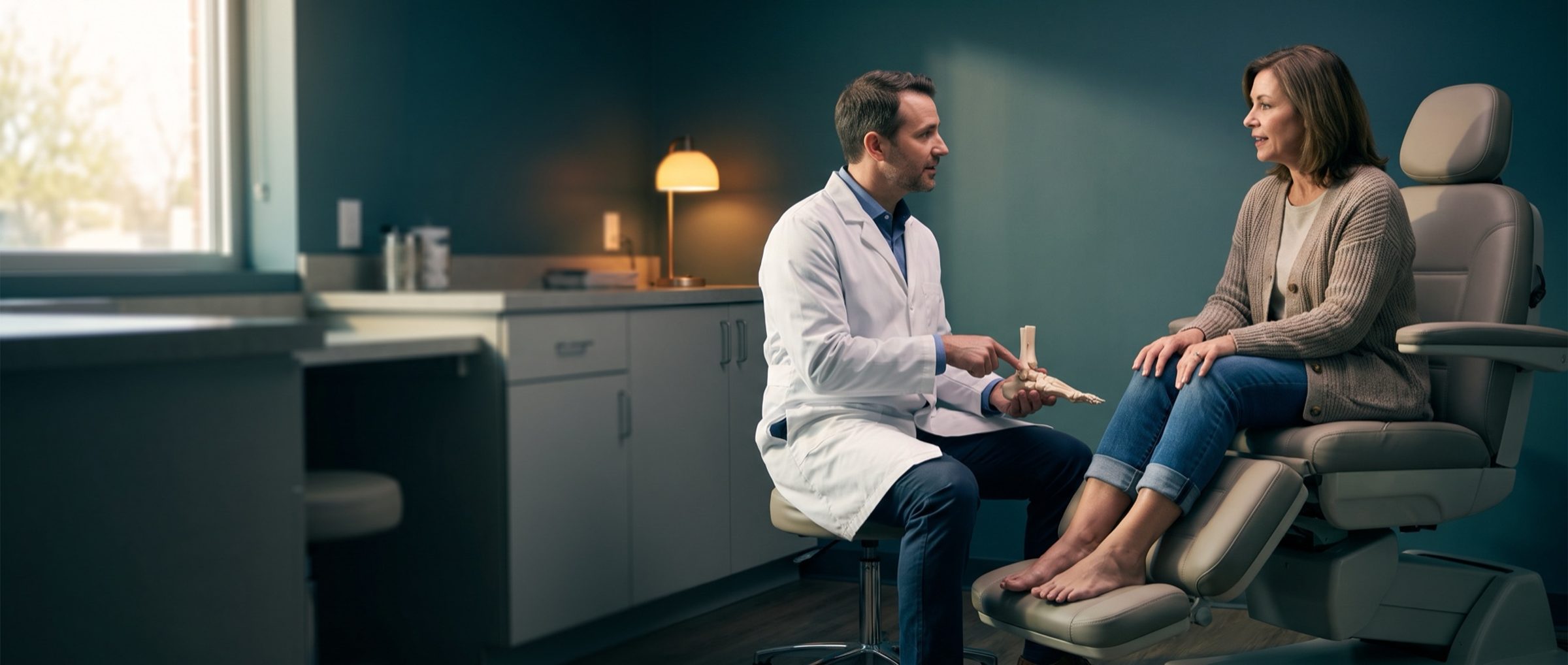 A podiatrist seated at eye level with a patient in an exam chair, pointing to the heel of a foot skeleton model as she listens