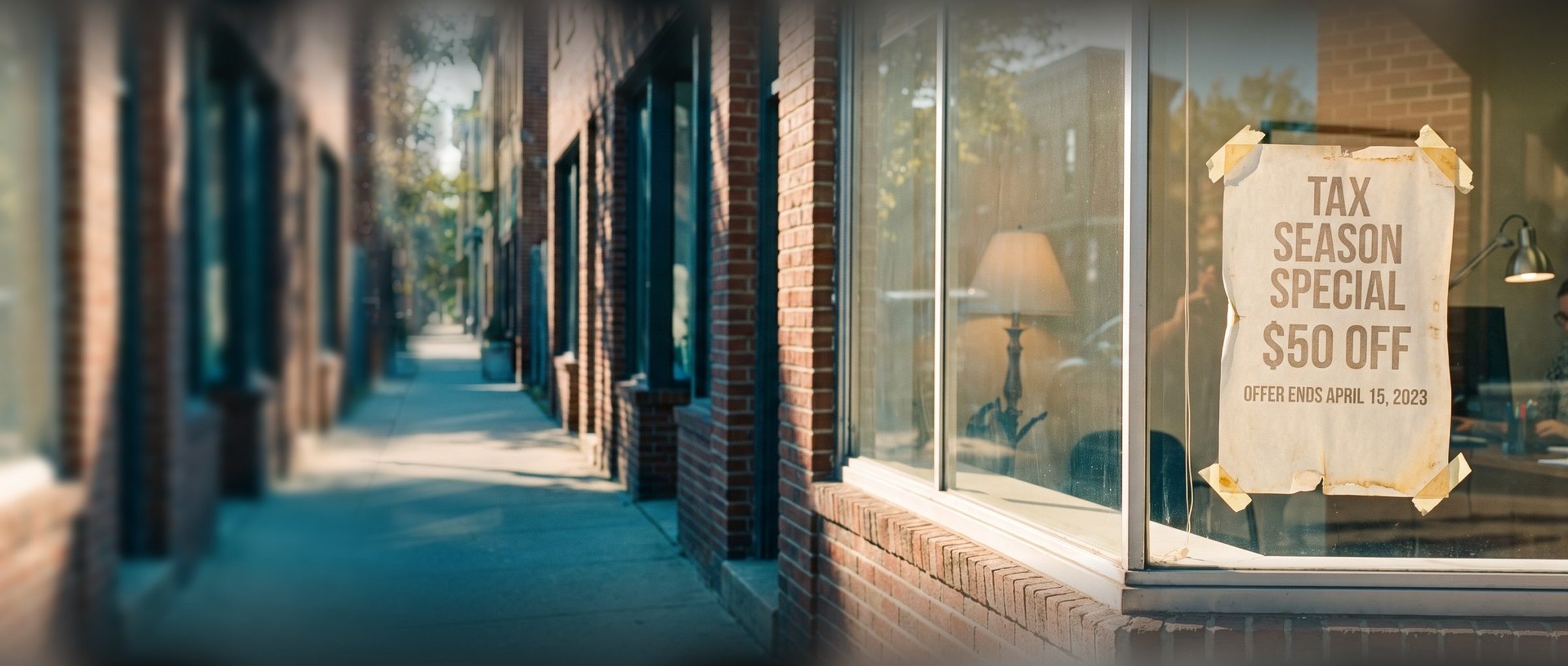 A sun-faded paper poster taped inside a small tax office's front window reading tax season special, $50 off, offer ends April 15, 2023, while behind the glass a woman works at her desk under a lamp beside shelves and a potted plant on a sunny brick street