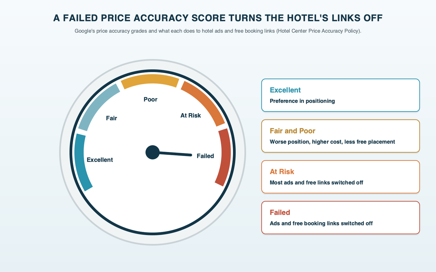 A hotel room thermostat dial with Google's five price accuracy grades in place of temperatures: Excellent gets preferred positioning, Fair and Poor hurt position and cost, At Risk switches most links off, and Failed switches the hotel's ads and free booking links off
