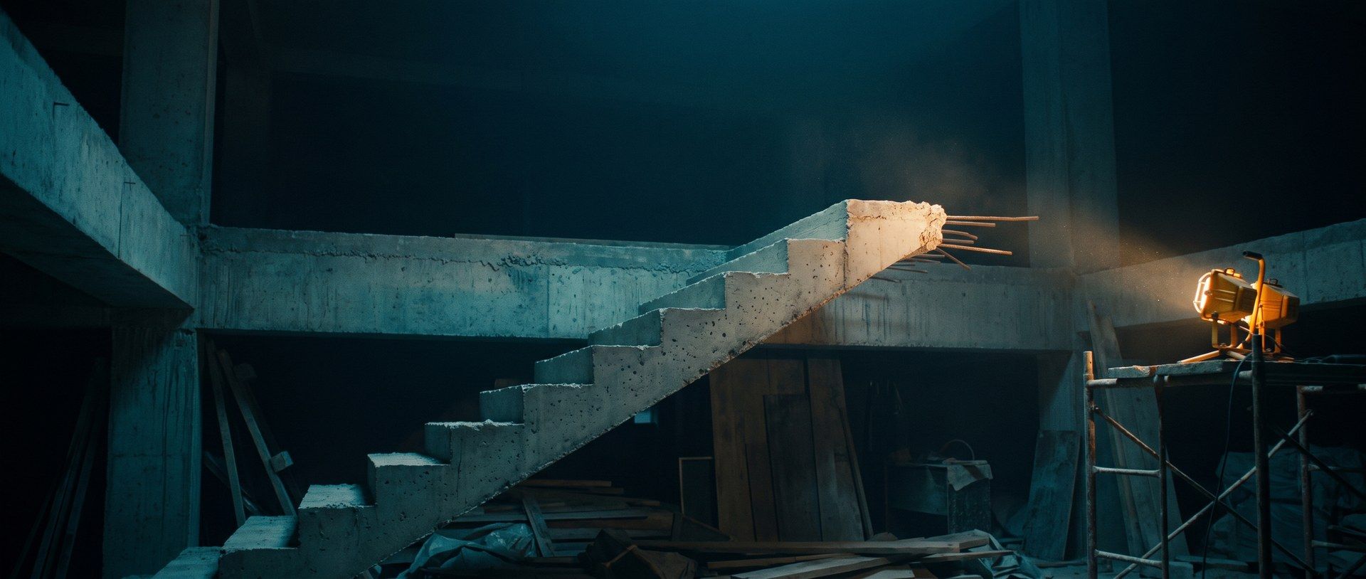A concrete staircase in an unfinished building that stops partway and ends in open air
