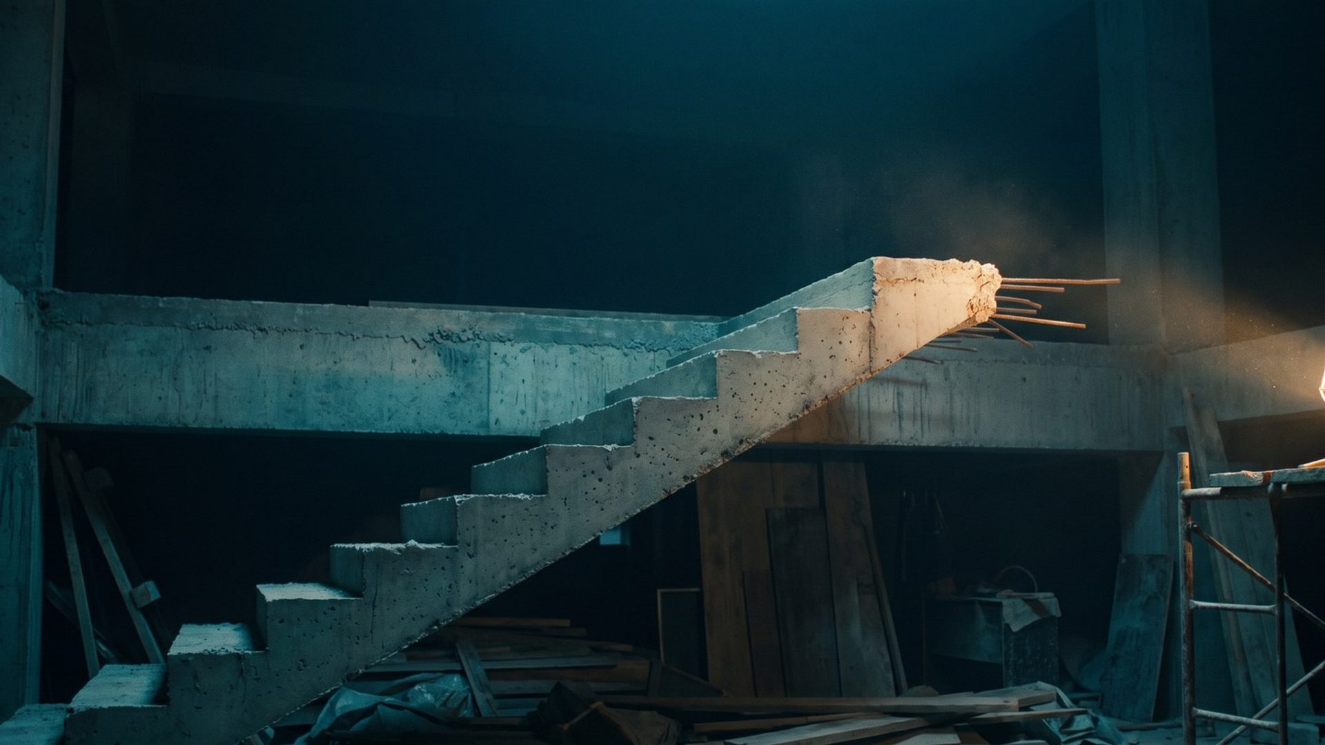 A concrete staircase in an unfinished building that stops partway and ends in open air