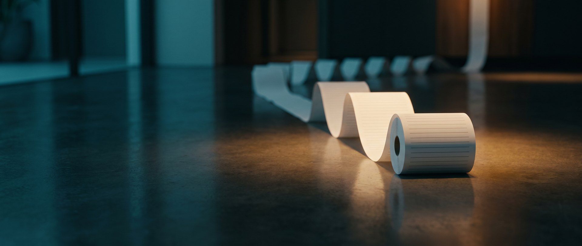 A paper till roll unspooled in a long line across a dark floor, lit warm at one end