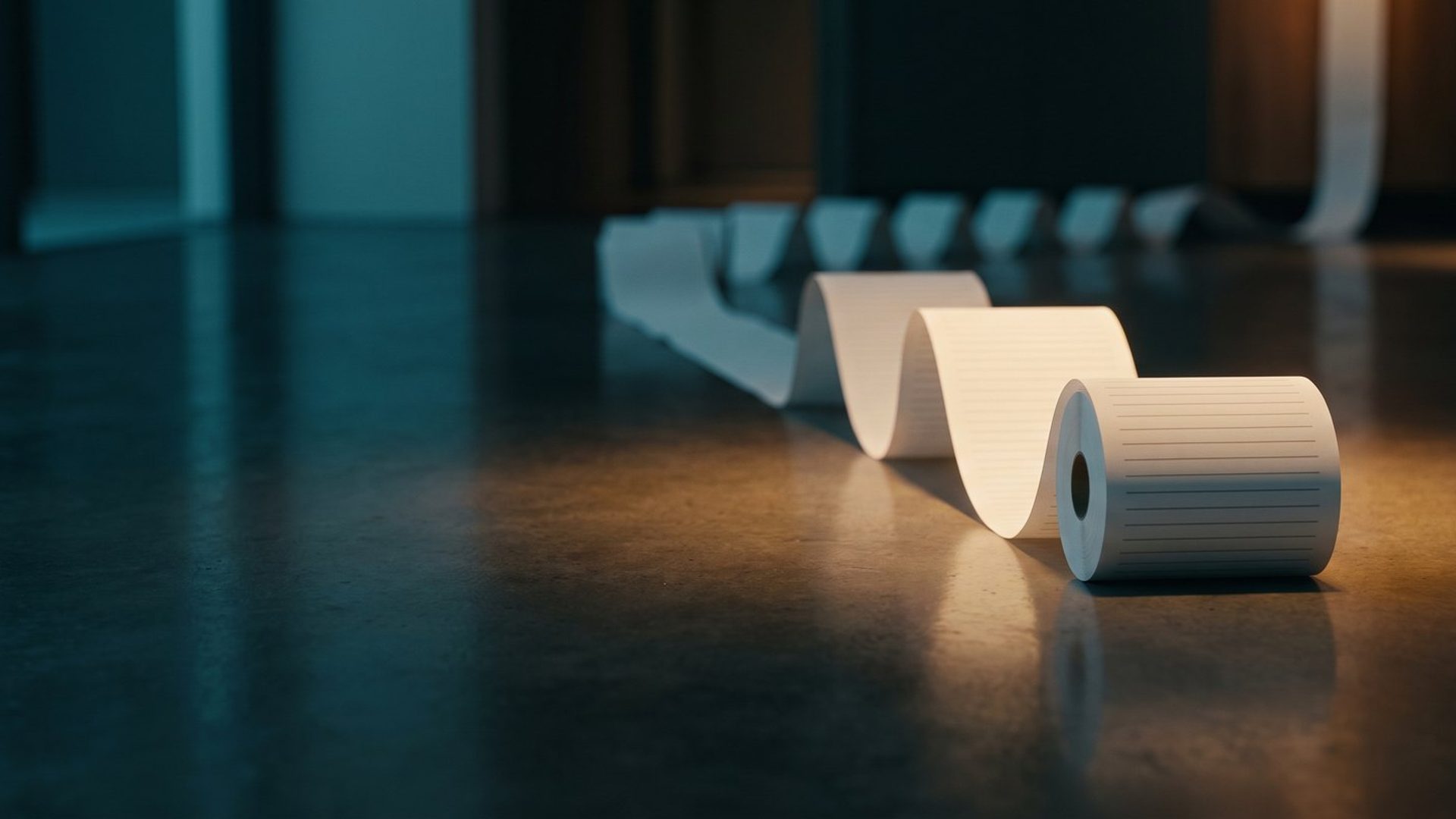 A paper till roll unspooled in a long line across a dark floor, lit warm at one end