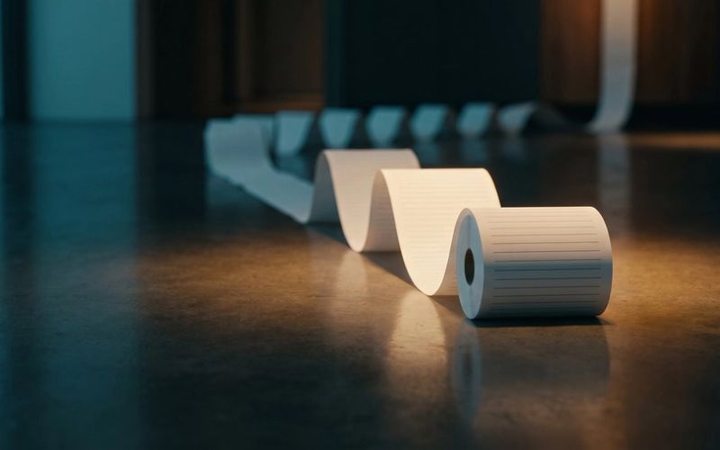 A paper till roll unspooled in a long line across a dark floor, lit warm at one end