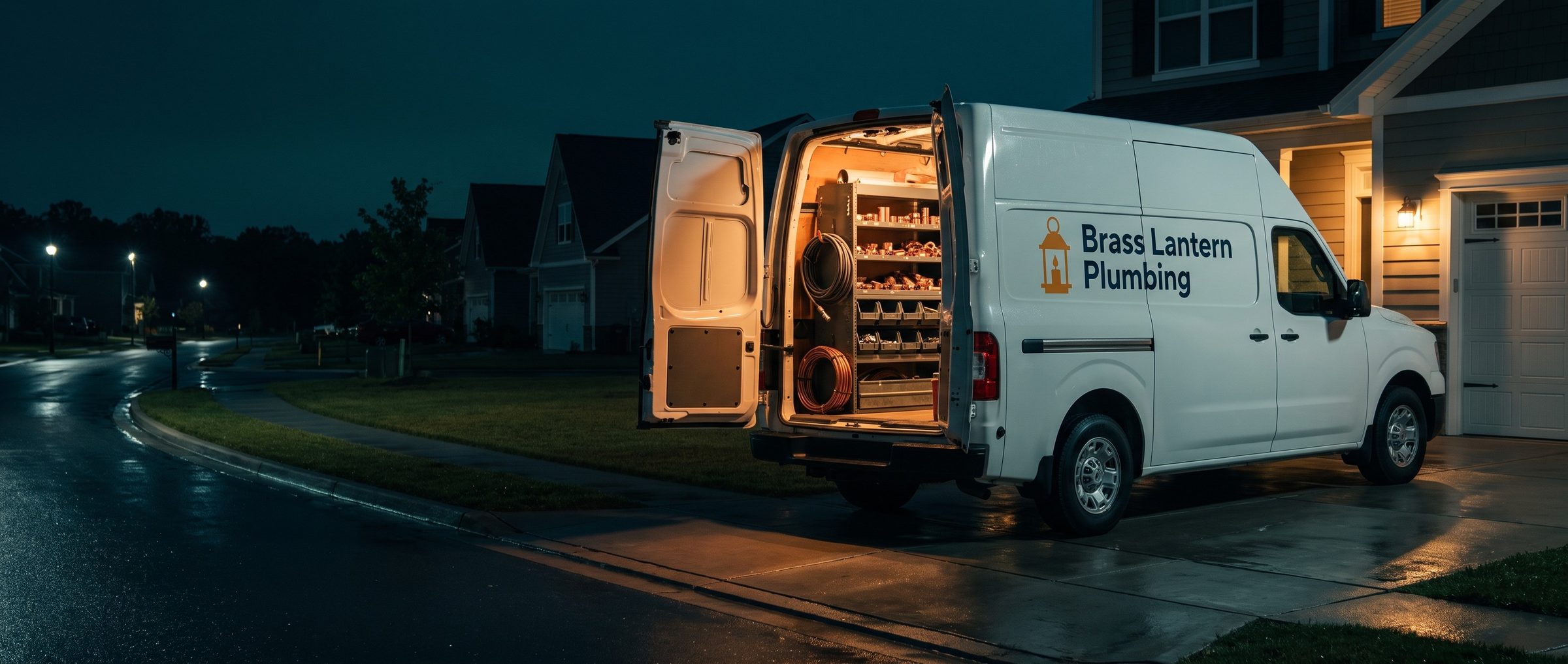 A white plumbing service van lettered Brass Lantern Plumbing parked in a suburban driveway at night after rain, rear doors open with the lit cargo area showing copper fittings, a drain cable and parts bins