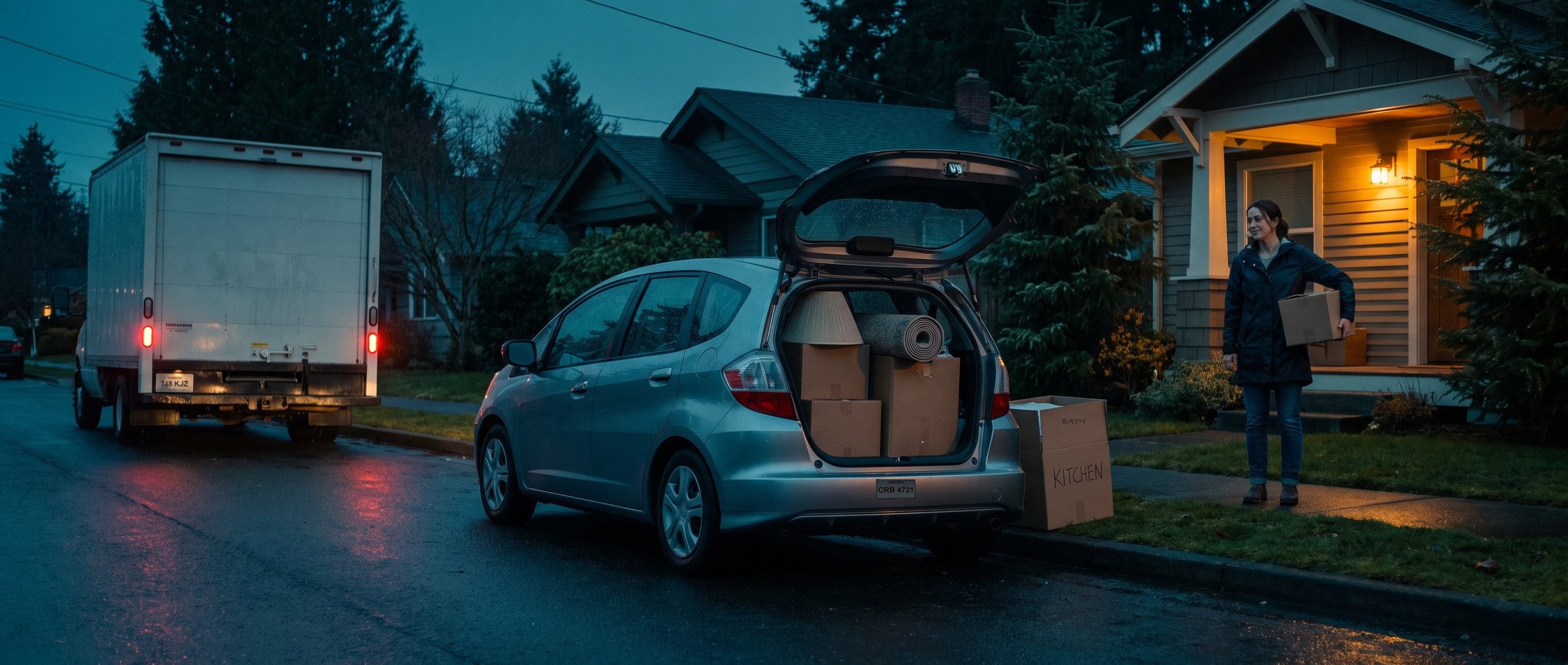 At dusk on a wet residential street, a silver hatchback with Arizona plates sits at the curb packed with moving boxes and a lamp while a moving truck pulls away and the new resident stands on the walk holding a box