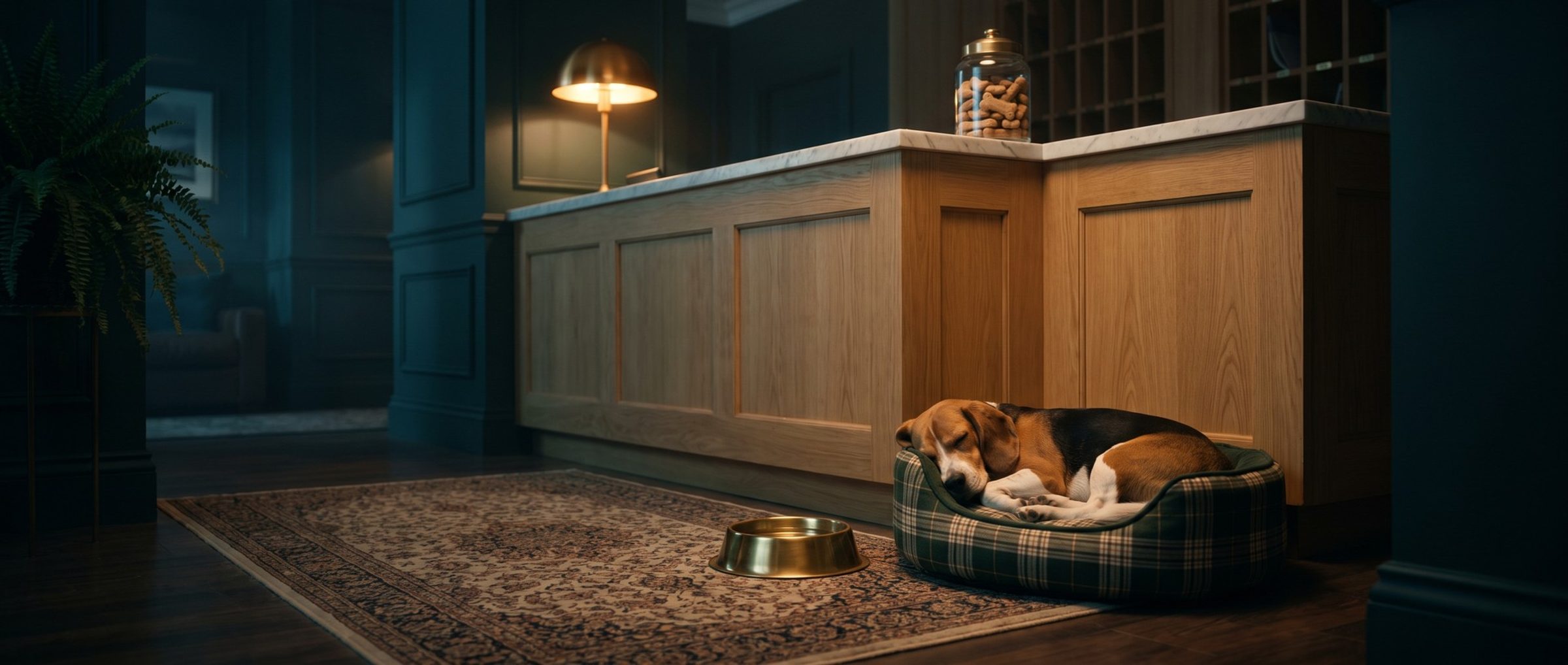 A boutique hotel lobby in warm evening light, with a tricolor beagle asleep in a green plaid dog bed at the end of an oak front desk, a brass water bowl on the rug and a glass jar of bone-shaped biscuits on the counter