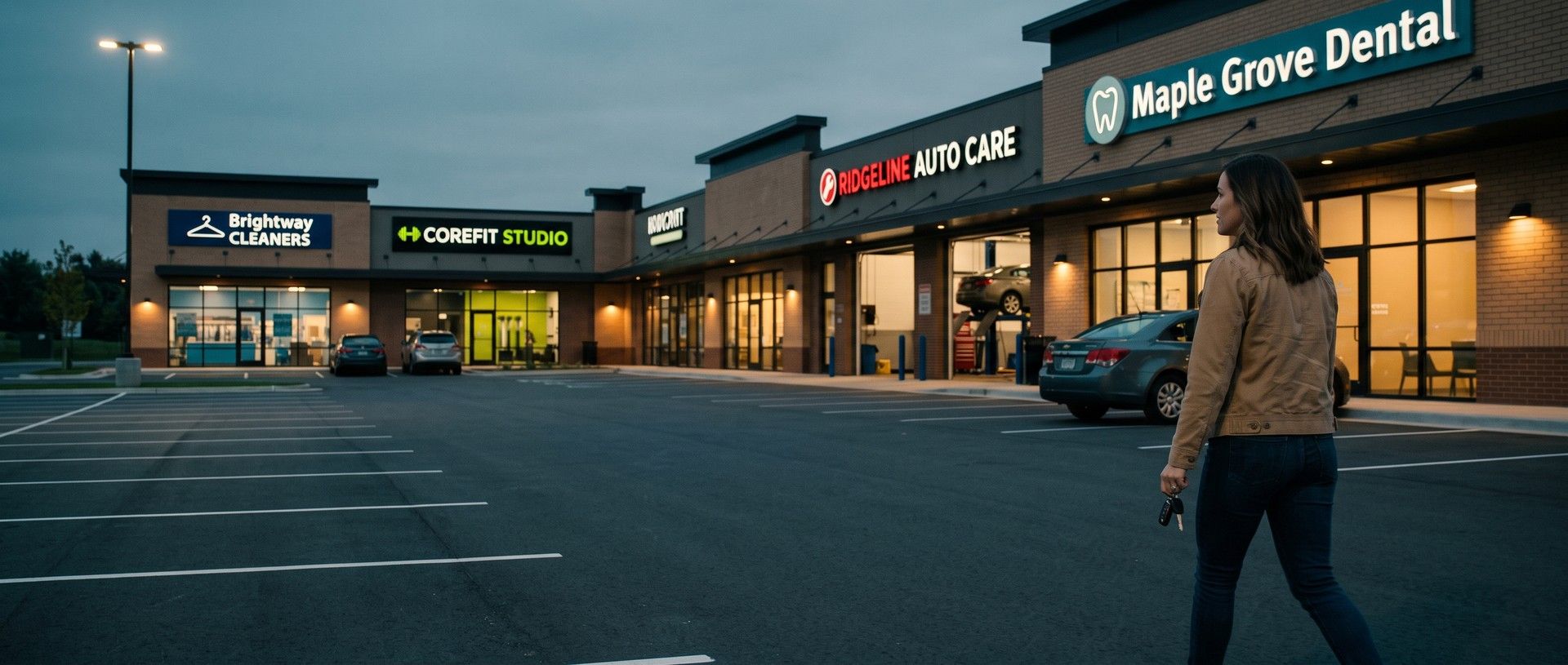 A woman with car keys in hand walks across a parking lot at dusk toward a lit neighborhood strip center with a dental office, an auto repair shop, a fitness studio and a dry cleaner