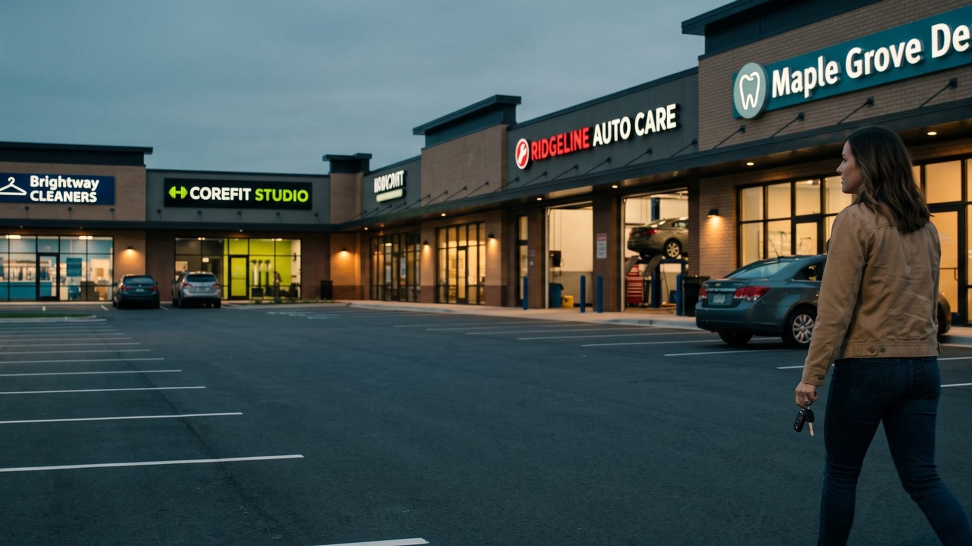 A woman with car keys in hand walks across a parking lot at dusk toward a lit neighborhood strip center with a dental office, an auto repair shop, a fitness studio and a dry cleaner