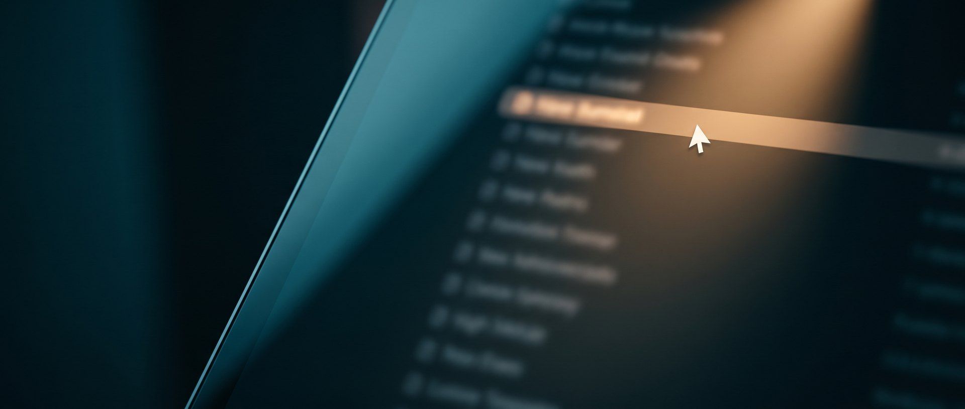 A cursor resting on one highlighted name in a long list on a glowing screen, lit by a warm amber beam in a dark teal room.