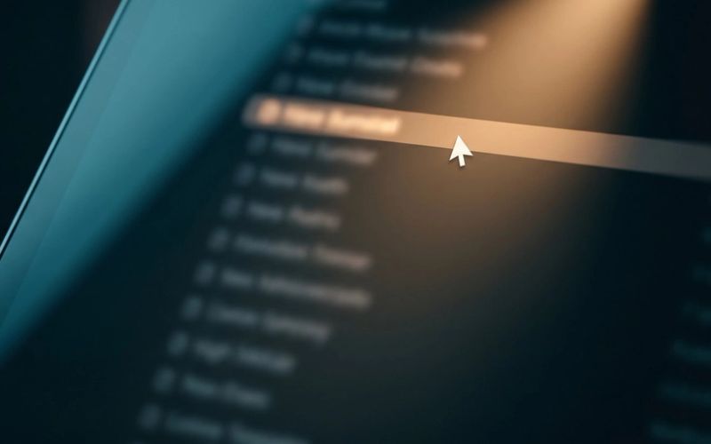 A cursor resting on one highlighted name in a long list on a glowing screen, lit by a warm amber beam in a dark teal room.