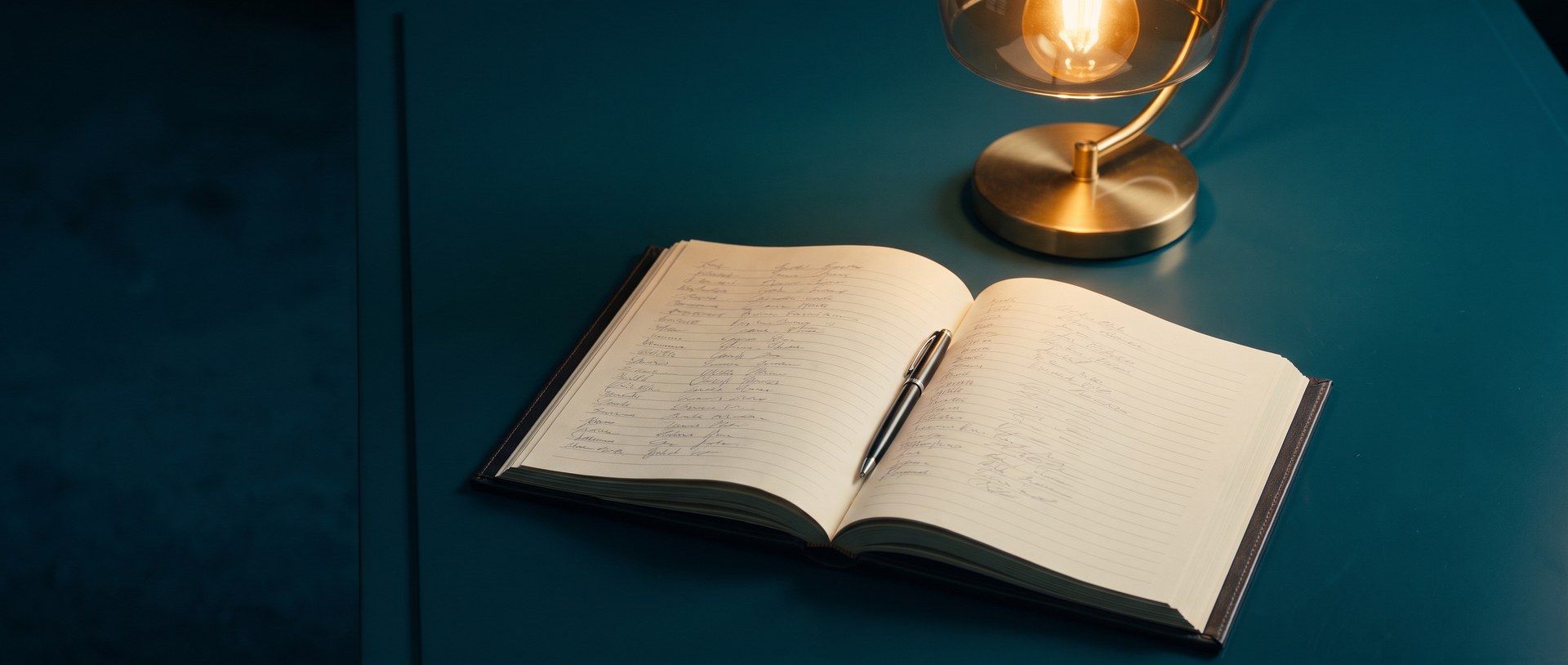 An open guest register on a desk under a lamp, filled in and unattended