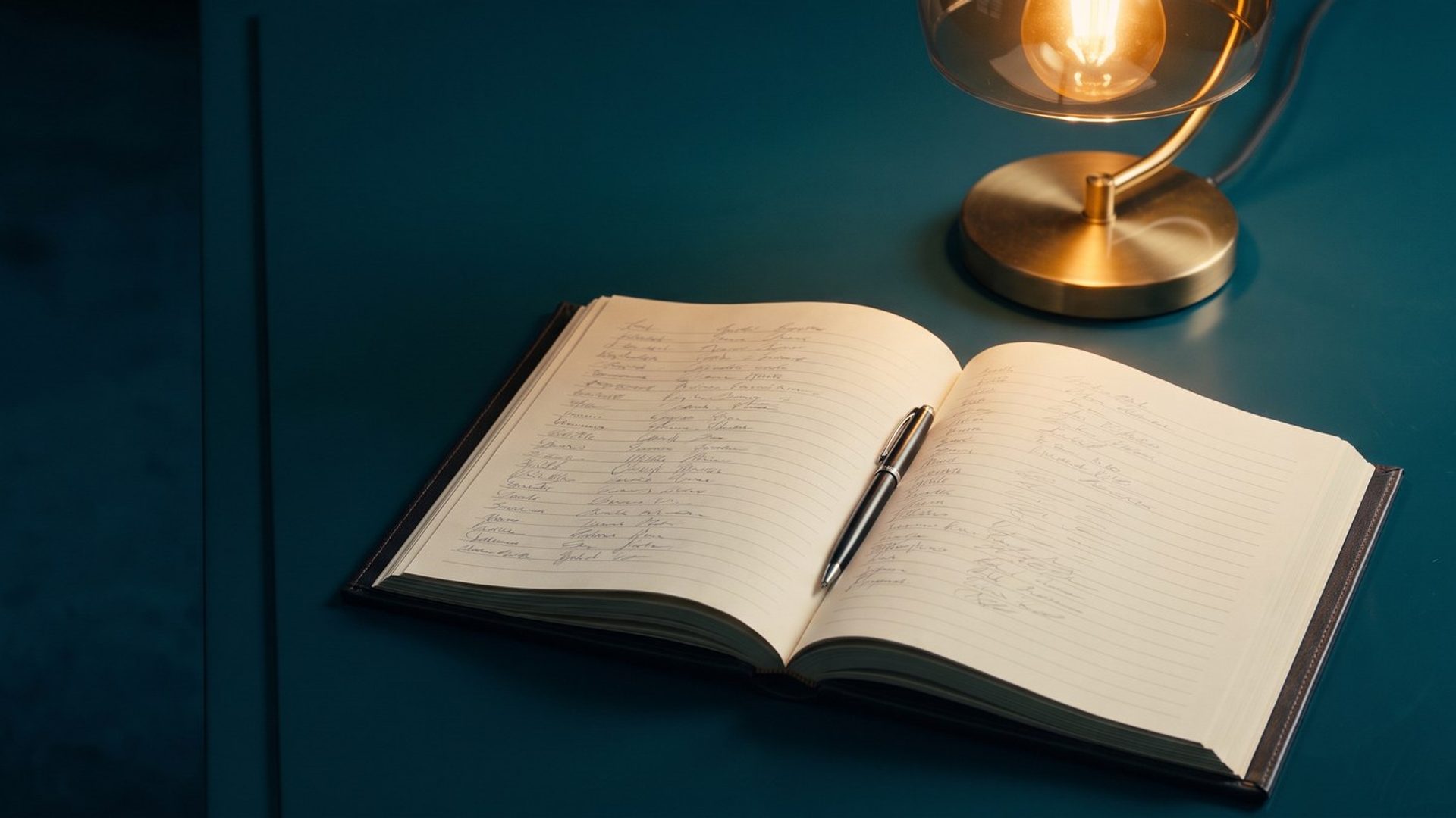 An open guest register on a desk under a lamp, filled in and unattended