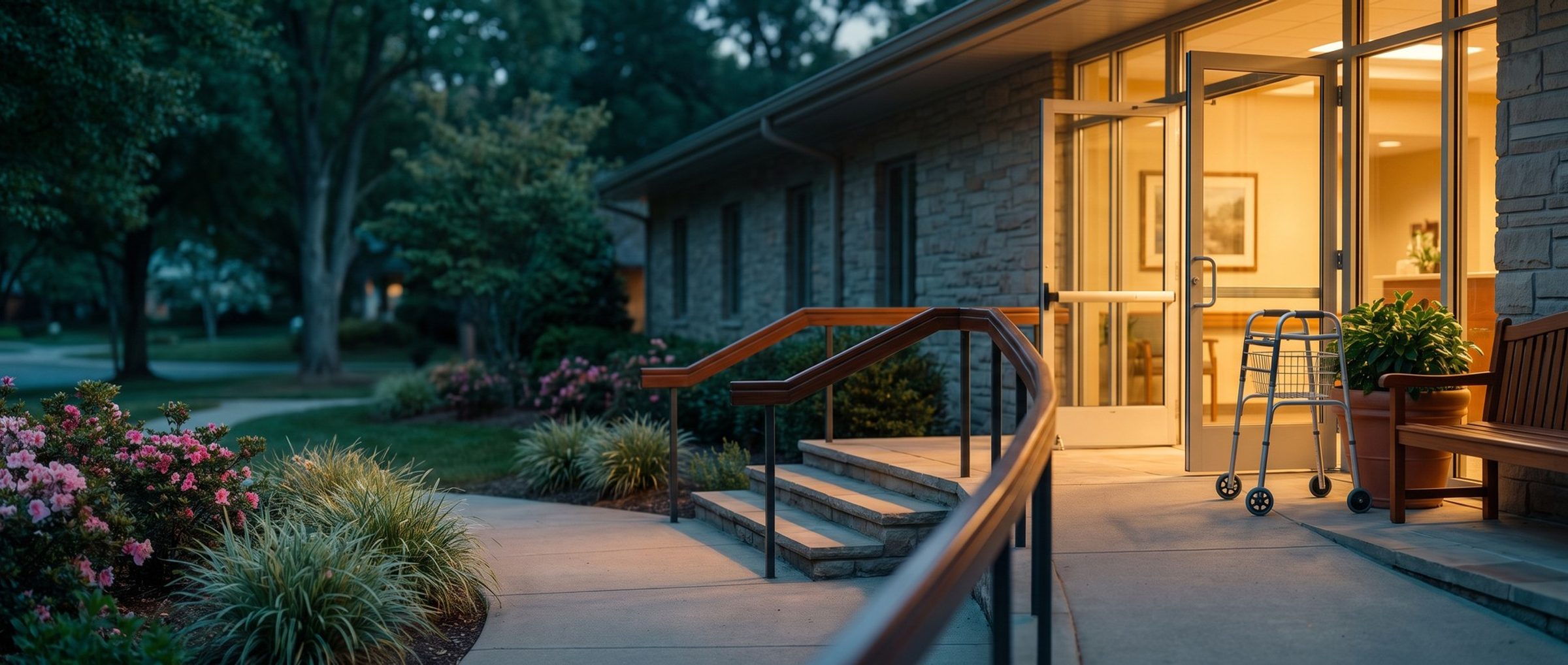 A senior living community's front entrance at dusk, glass doors open to a warm lobby, with a ramp and handrail beside the steps and a walker parked next to a bench