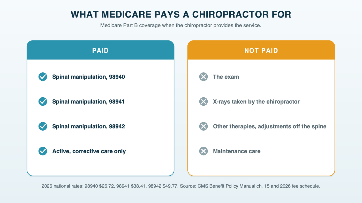 Two columns for a chiropractor's Medicare patient: what Medicare pays for, spinal manipulation billed as 98940, 98941 or 98942 for active care, and what it doesn't, the exam, X-rays taken by the chiropractor, other therapies, adjustments outside the spine and maintenance care