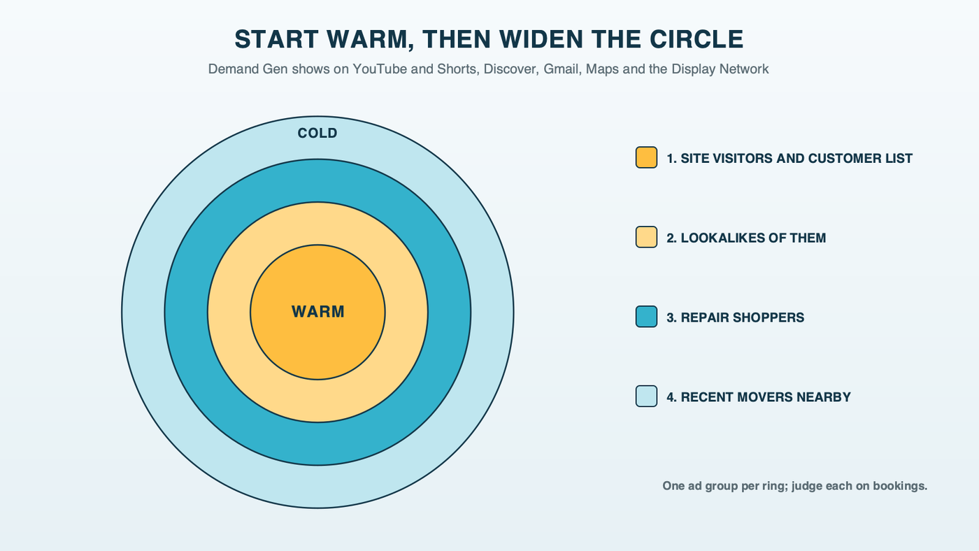 Where Demand Gen shows up, YouTube and Shorts, Discover, Gmail, Maps and the Display Network, with audiences ordered from warm to cold: site visitors and the customer list, lookalikes of them, repair shoppers in Google's Auto Repair and Maintenance segments, and recent movers