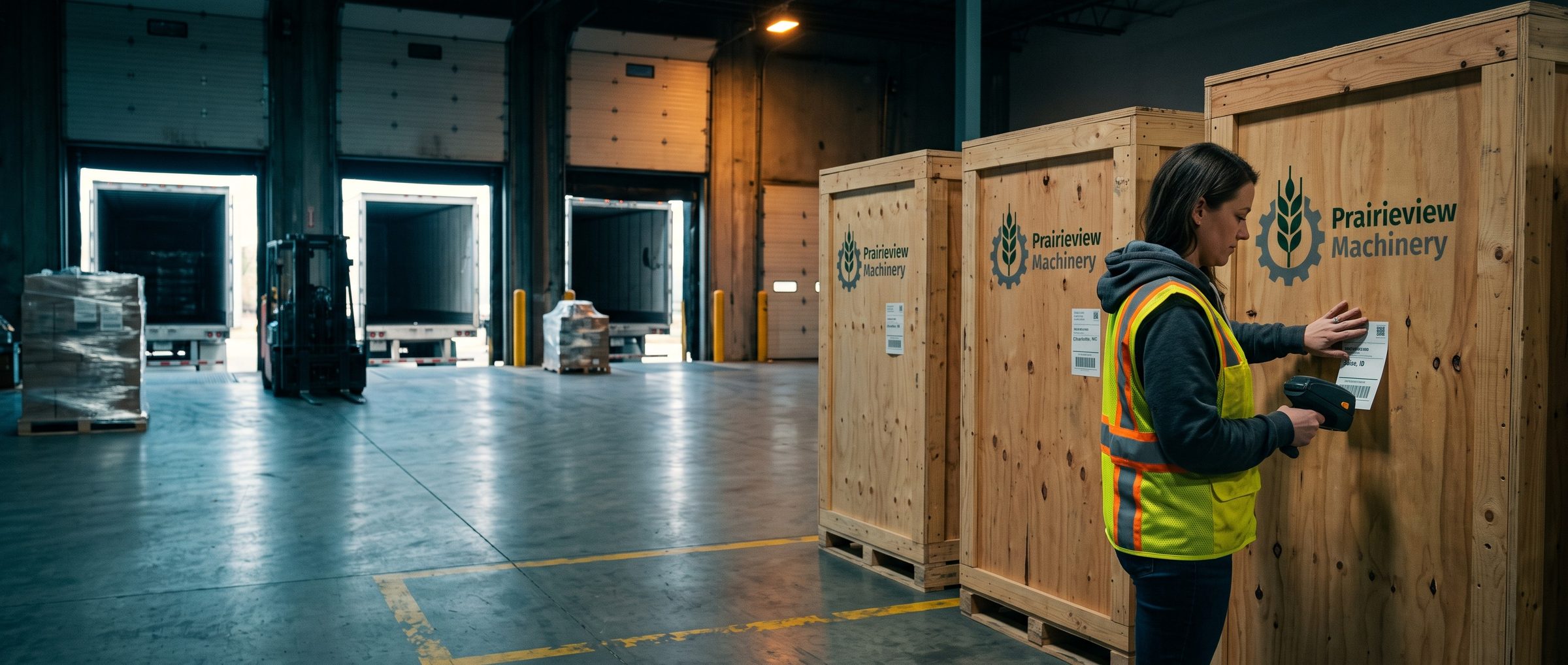 A shipping clerk presses a Boise, ID freight label onto a crated Prairieview Machinery machine, next to a crate bound for Charlotte, NC