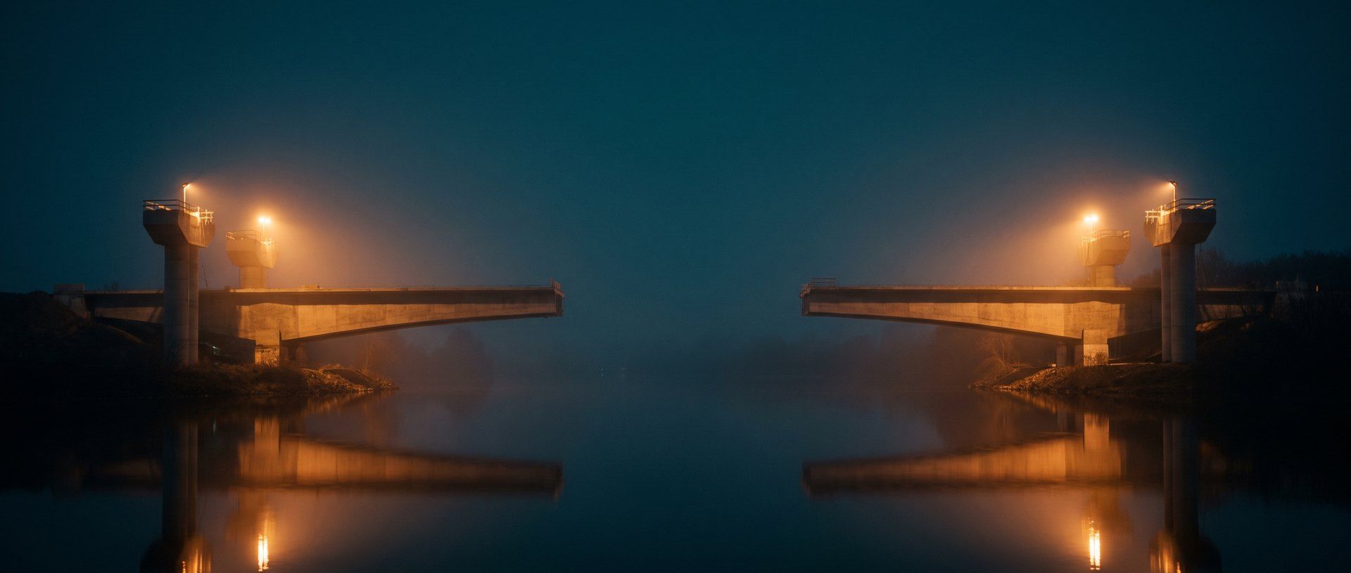 An unfinished road bridge at night, its two halves reaching in from either bank and stopping short of meeting above dark water