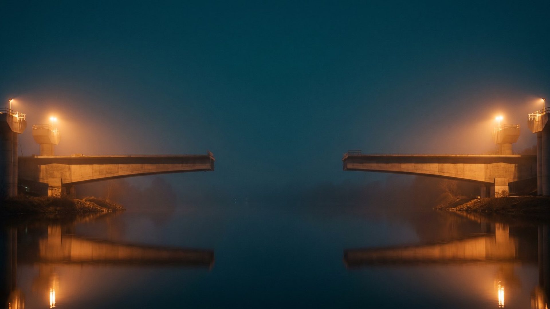 An unfinished road bridge at night, its two halves reaching in from either bank and stopping short of meeting above dark water