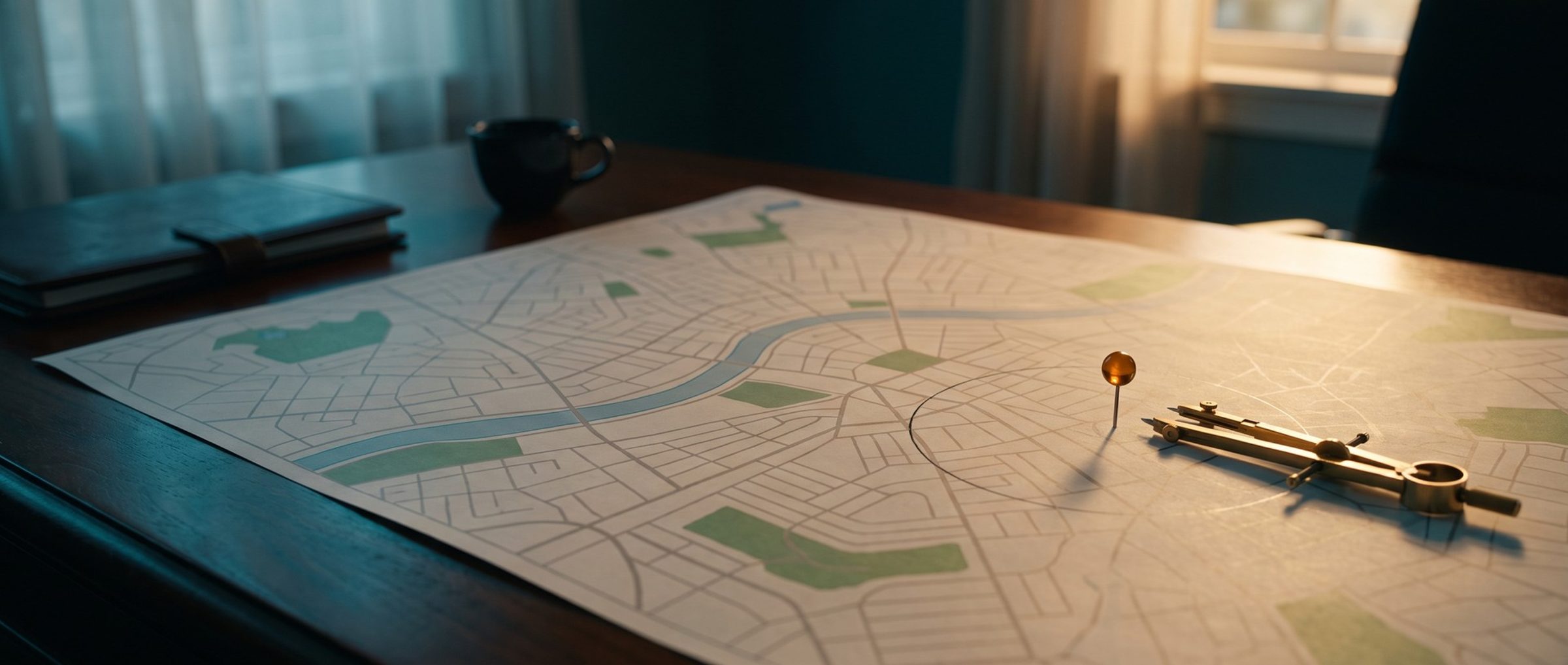 A street map spread across a senior living sales office desk, with one amber pin and a brass drafting compass that has drawn a pencil circle beside it, in late-afternoon window light