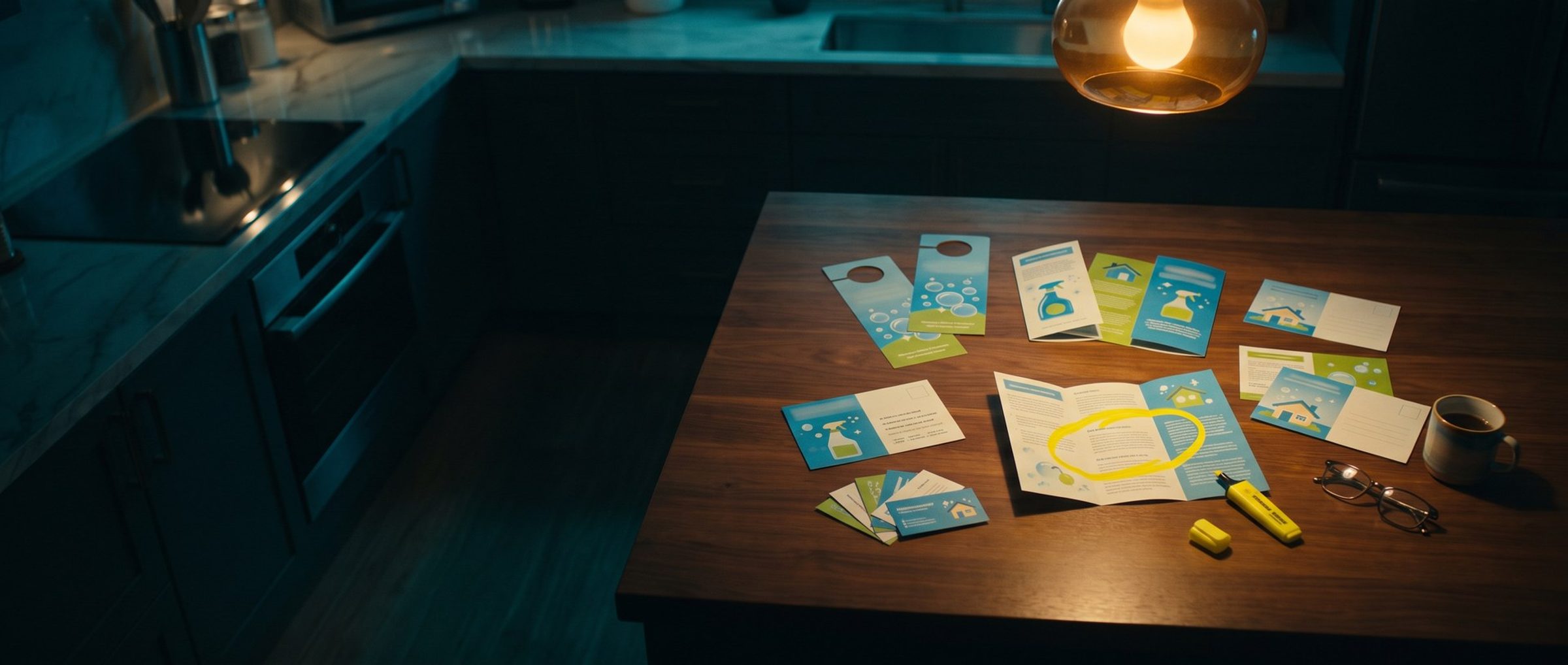 Rival cleaning companies' door hangers, flyers and business cards spread on a kitchen table at night, one flyer circled in yellow highlighter