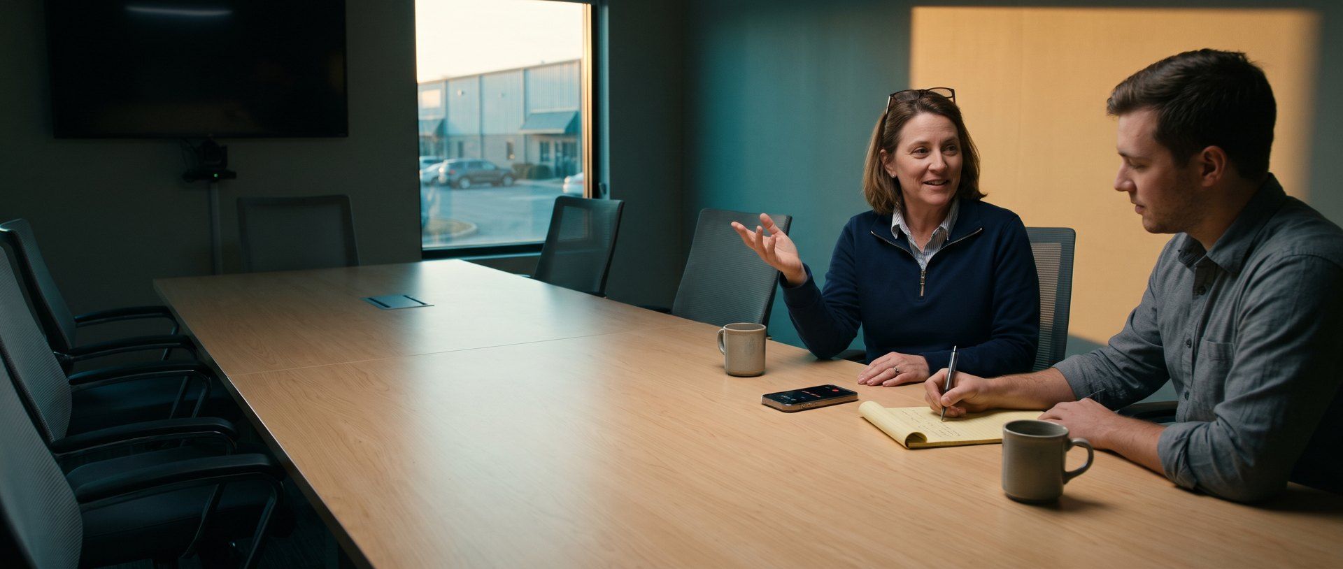 In a small company conference room in late-afternoon light, a client's operations director smiles and gestures as she describes a project, while a consultant across the table writes her words on a yellow legal pad beside a phone that is recording the conversation.