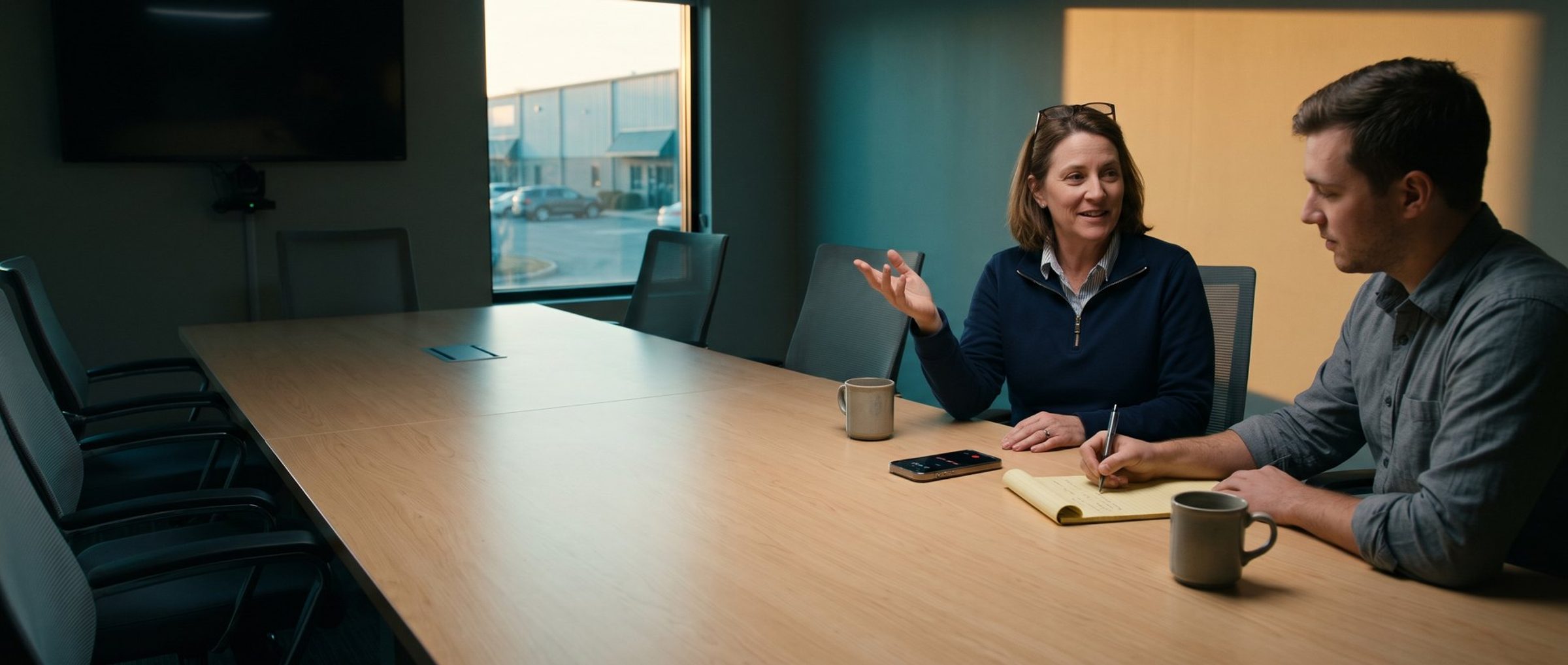 In a small company conference room in late-afternoon light, a client's operations director smiles and gestures as she describes a project, while a consultant across the table writes her words on a yellow legal pad beside a phone that is recording the conversation.