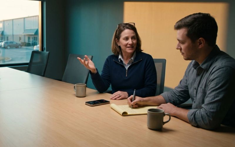 In a small company conference room in late-afternoon light, a client's operations director smiles and gestures as she describes a project, while a consultant across the table writes her words on a yellow legal pad beside a phone that is recording the conversation.