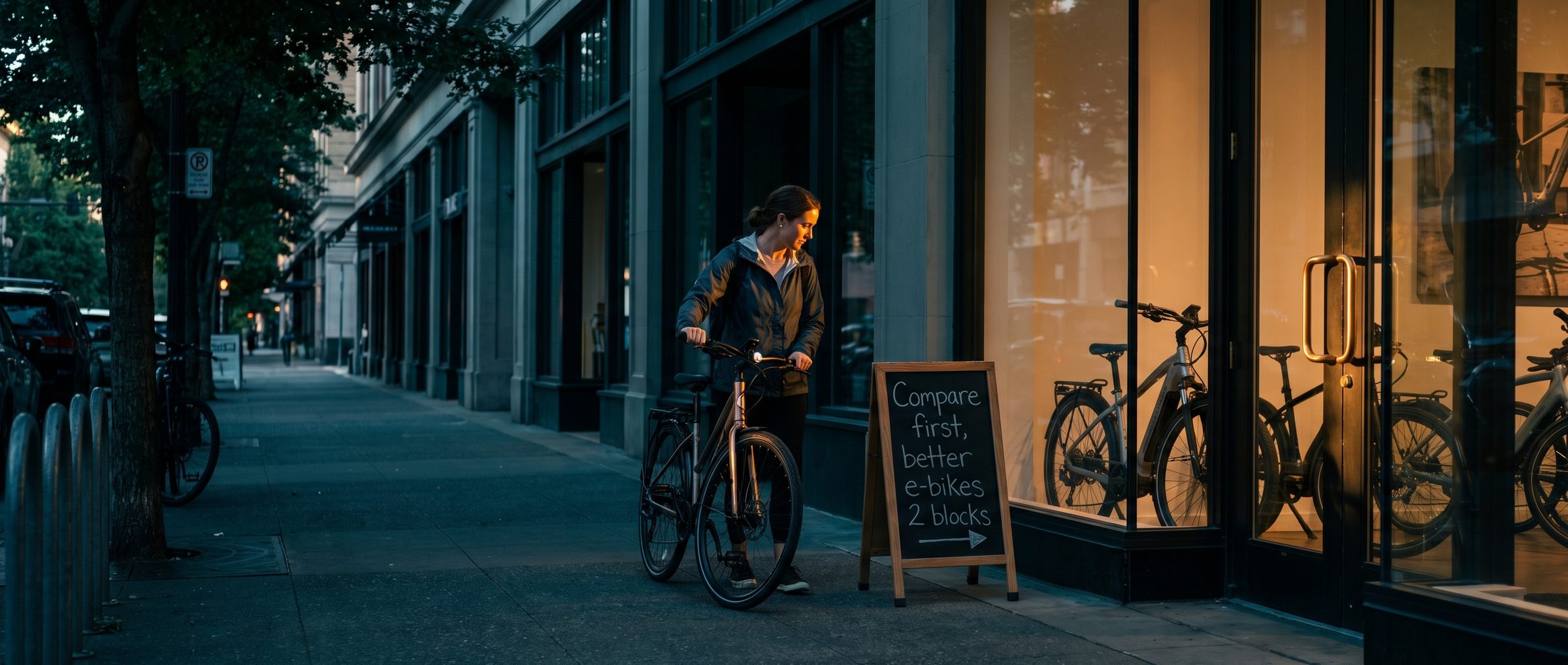 On a city sidewalk at dusk, a woman walking her bike slows to read a rival shop's chalkboard sign planted beside an e-bike store's door: Compare first, better e-bikes 2 blocks