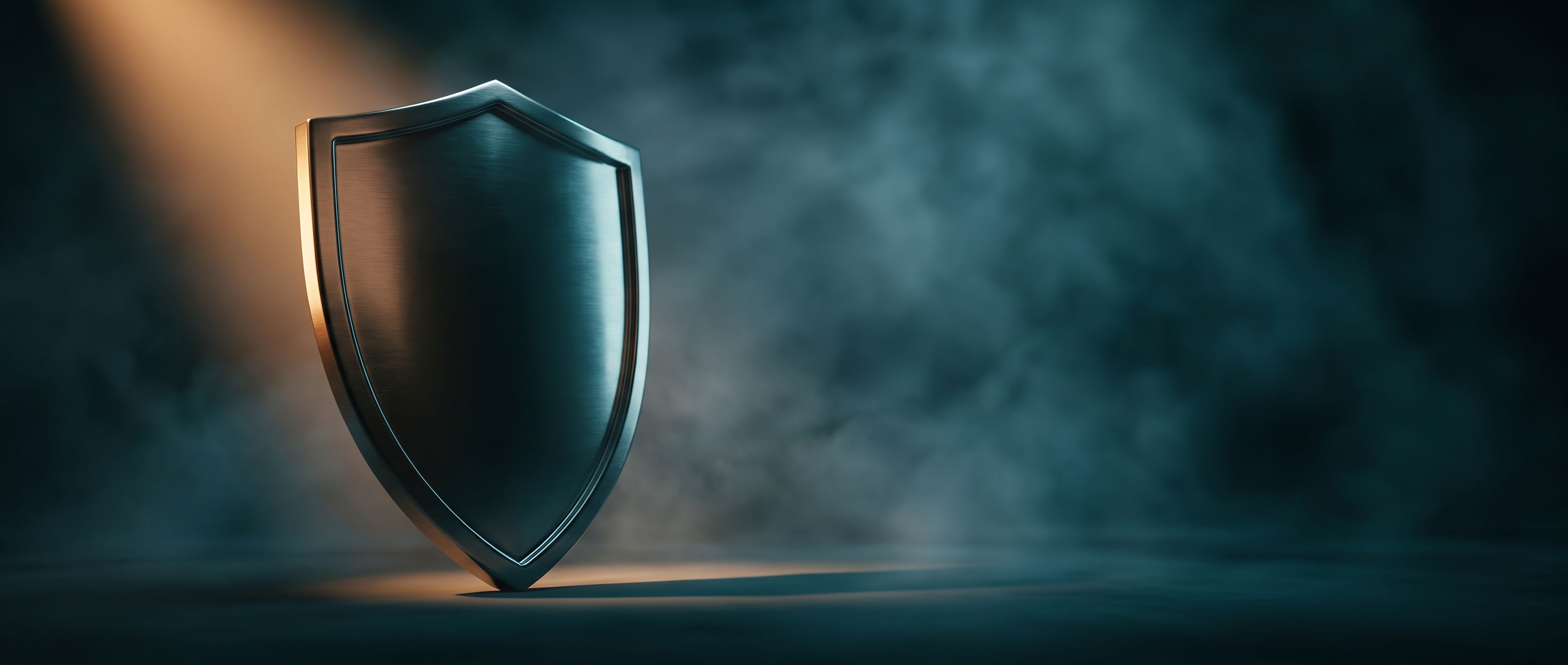 A polished metal shield or crest emblem in a dark teal room catching a single warm amber light, the trust and credibility a landing page's trust strip signals at a glance.
