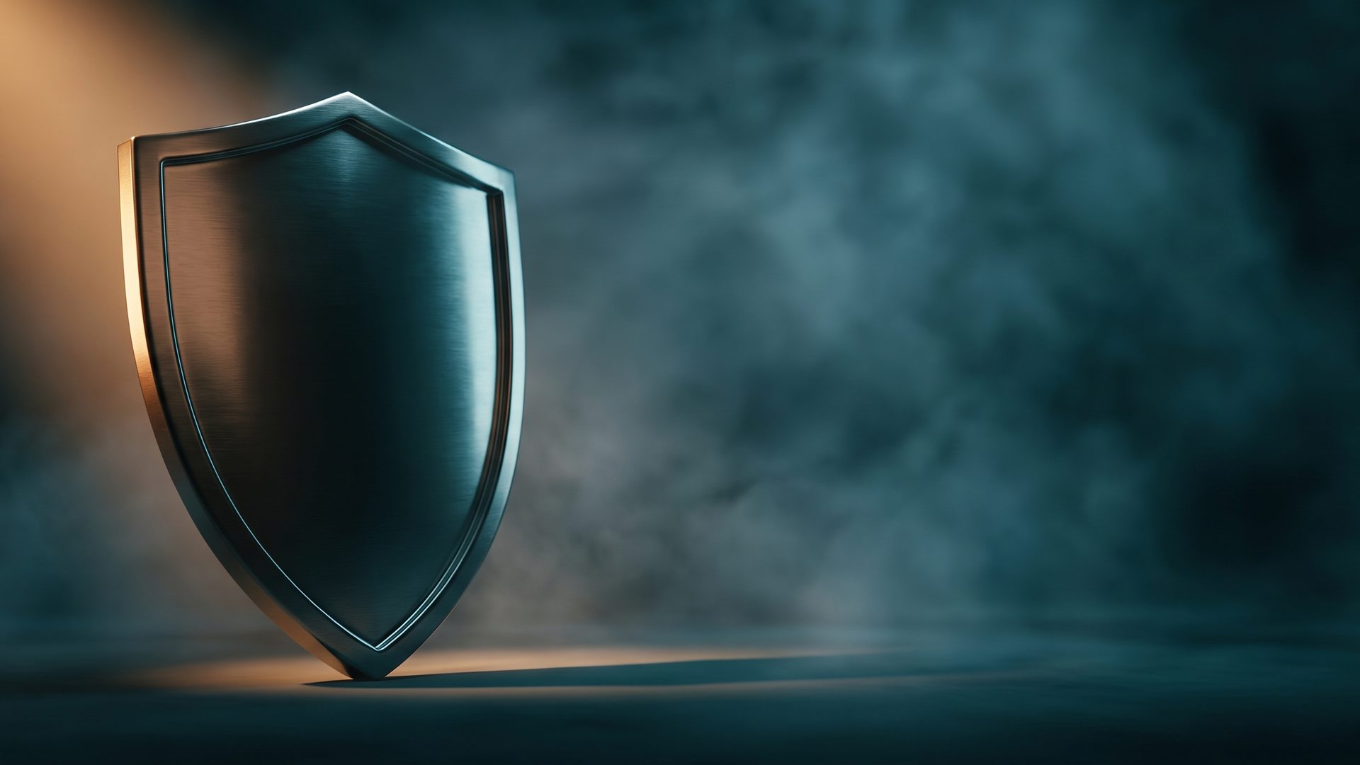 A polished metal shield or crest emblem in a dark teal room catching a single warm amber light, the trust and credibility a landing page's trust strip signals at a glance.